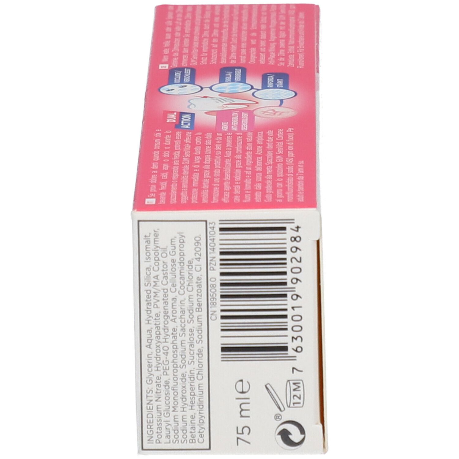 Scatola con ingredienti e informazioni. Testo multilingue. 75 ml. Simbolo 12M.