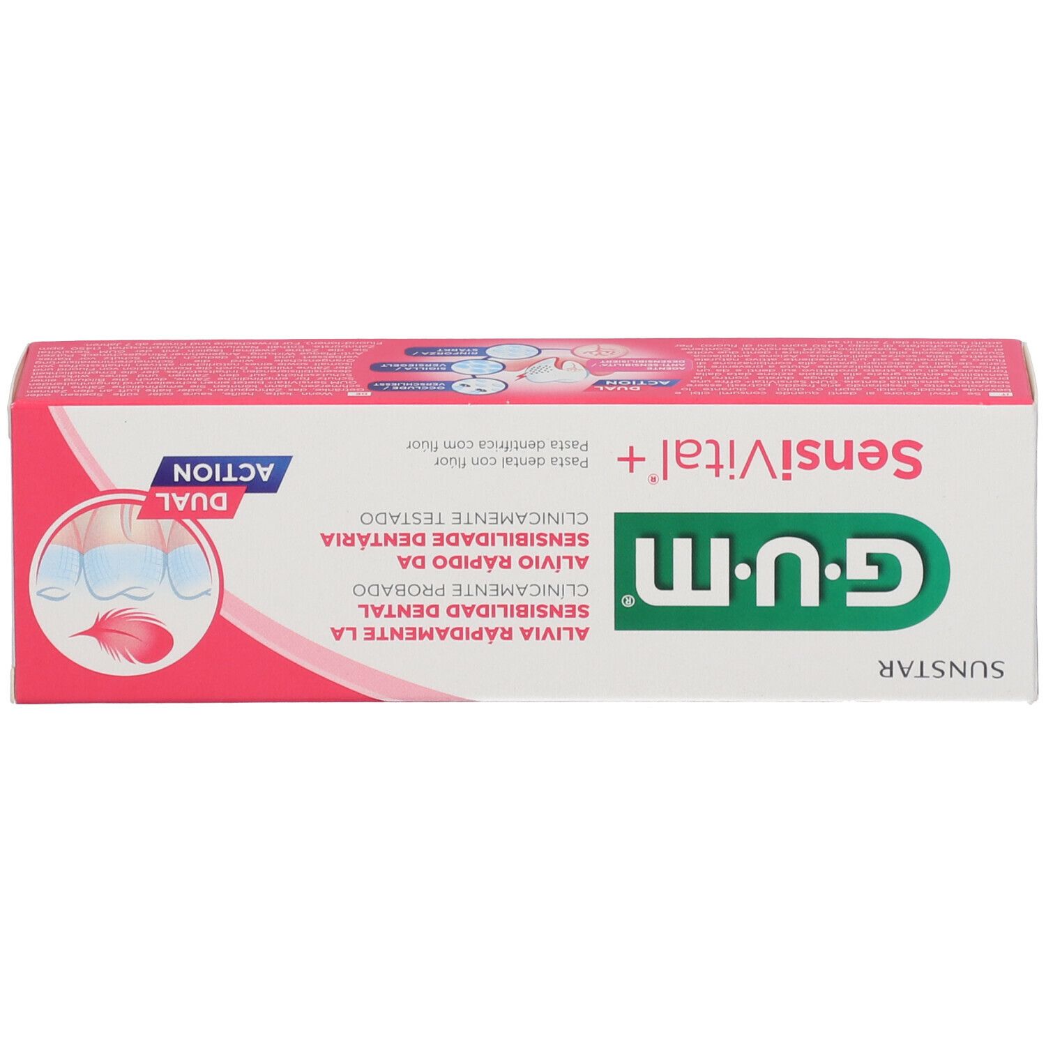 Scatola rosa con scritta GUM SensiVital+. Testo multilingue. Illustrazione di denti.