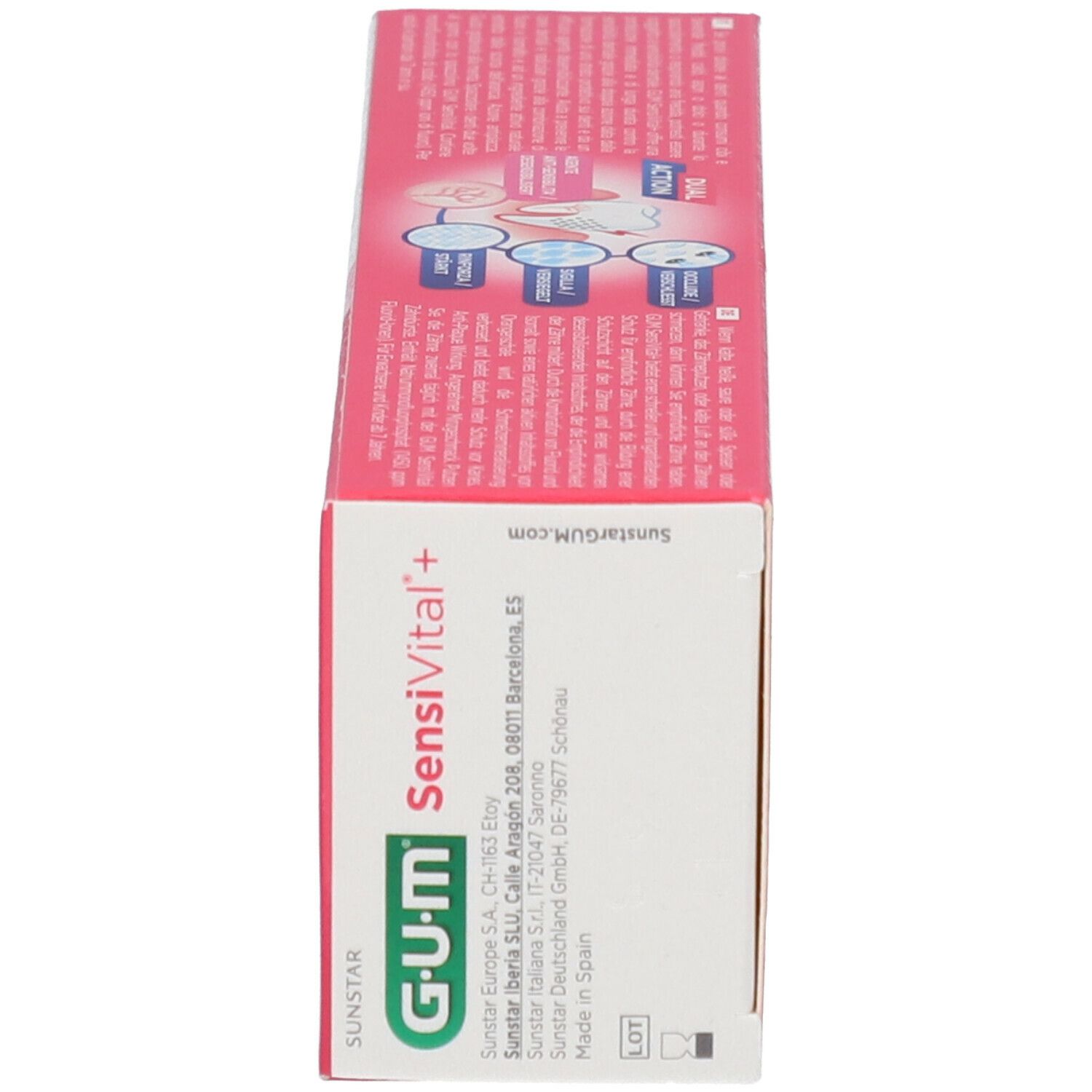 Scatola con informazioni e logo. Scritta GUM SensiVital+. Testo multilingue. Prodotto in Spagna.