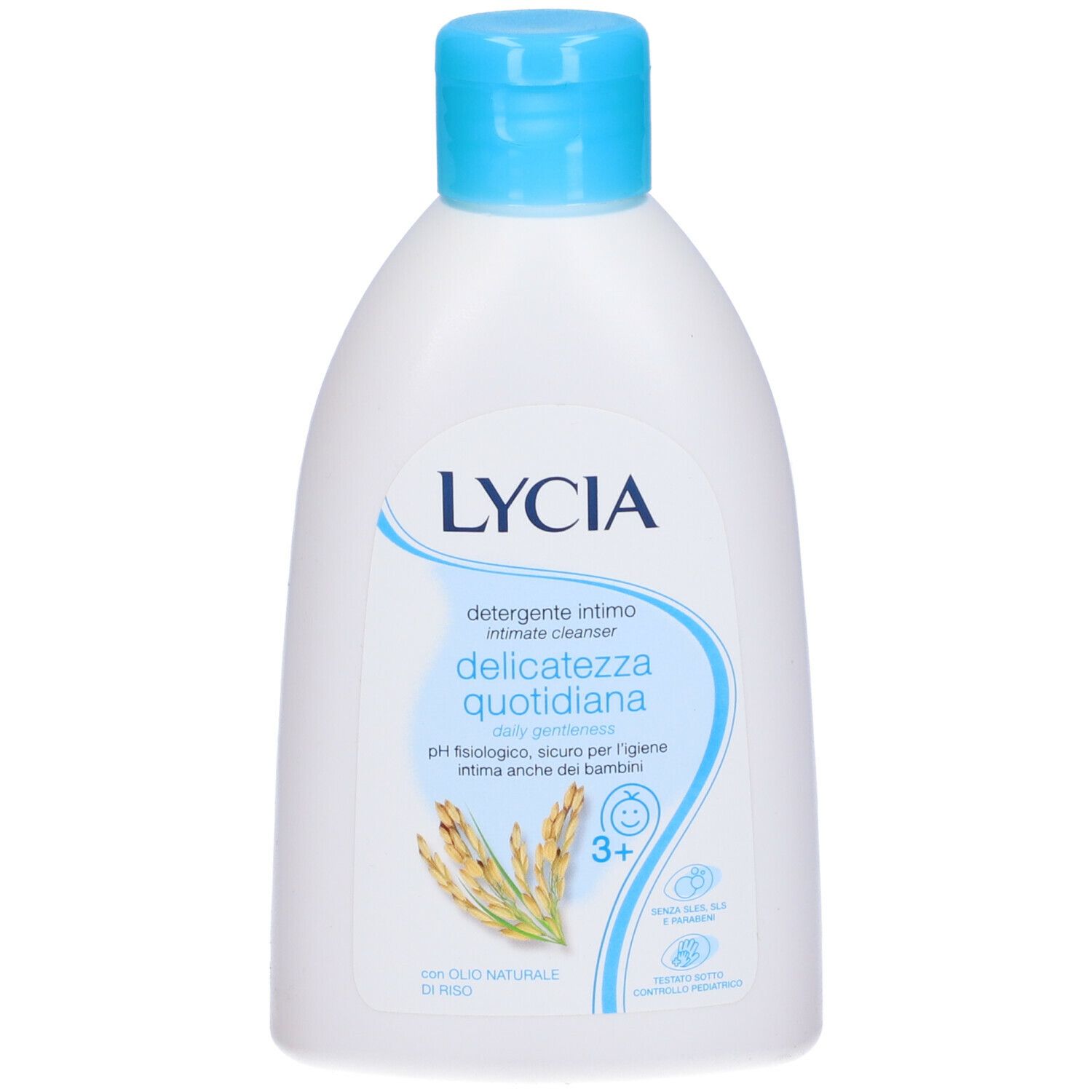 Flacone bianco con tappo blu. Scritta LYCIA, 'Detergente intimo delicatezza quotidiana'.