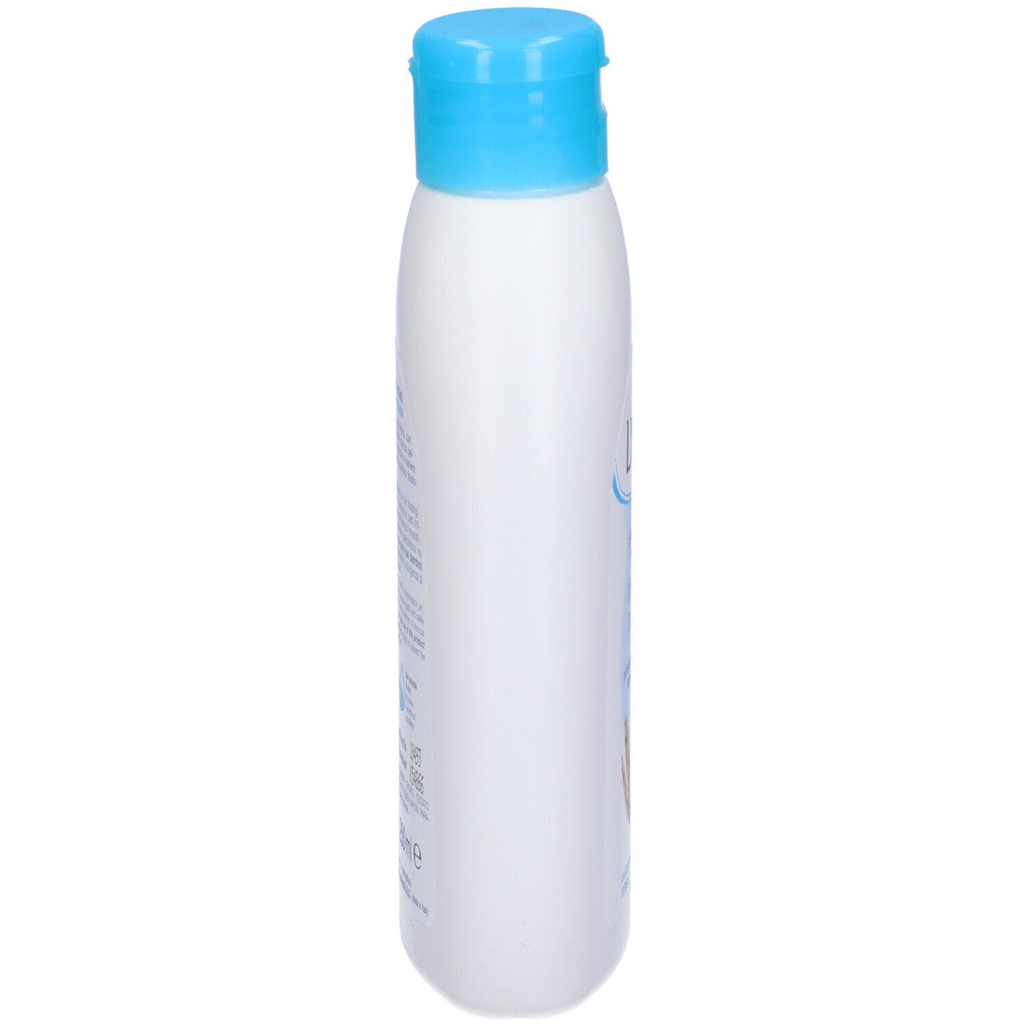 Flacone bianco con tappo blu, vista laterale. Scritta illeggibile.