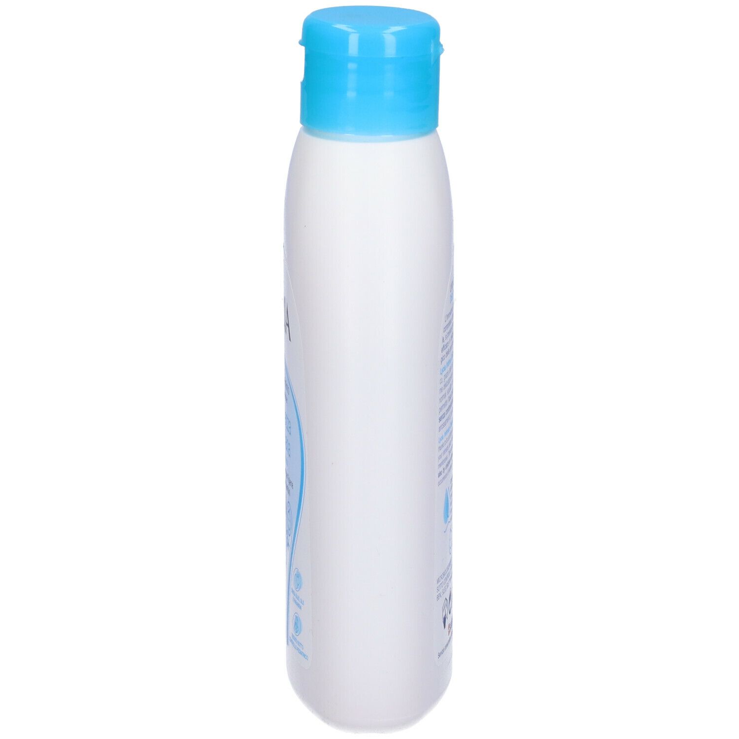 Flacone bianco con tappo blu, vista laterale. Testo illeggibile.