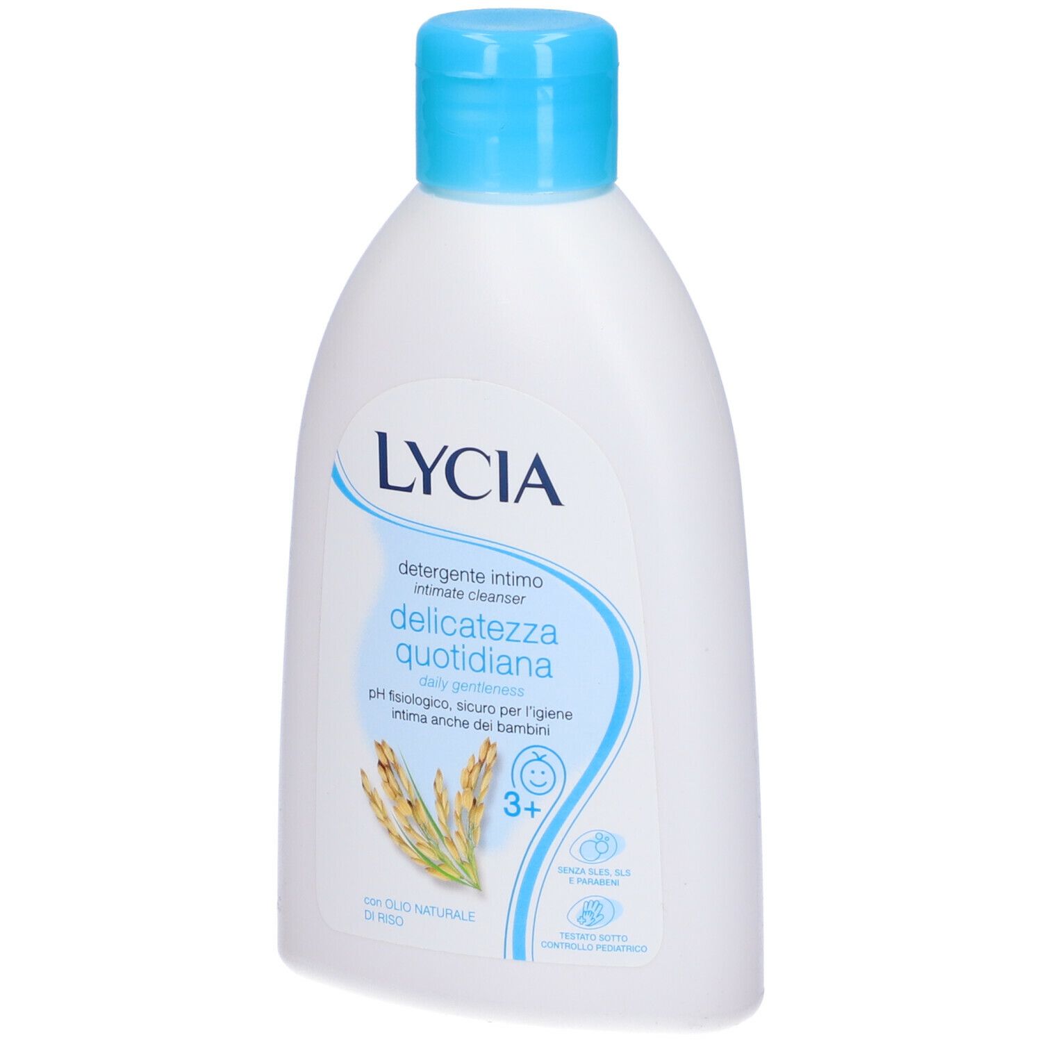 Flacone bianco con tappo blu. Scritta LYCIA, 'Detergente intimo delicatezza quotidiana'.