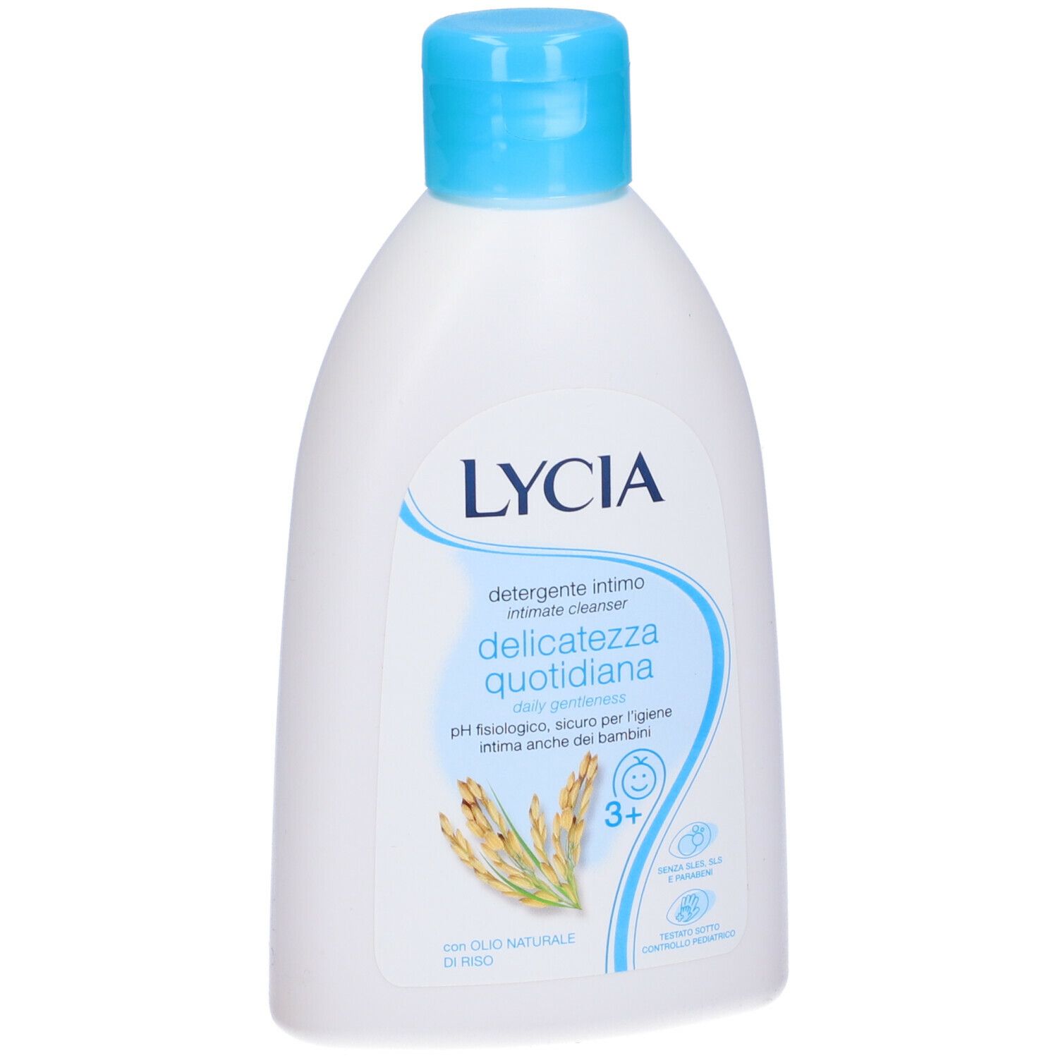 Flacone bianco con tappo blu. Scritta LYCIA, 'Detergente intimo delicatezza quotidiana'.