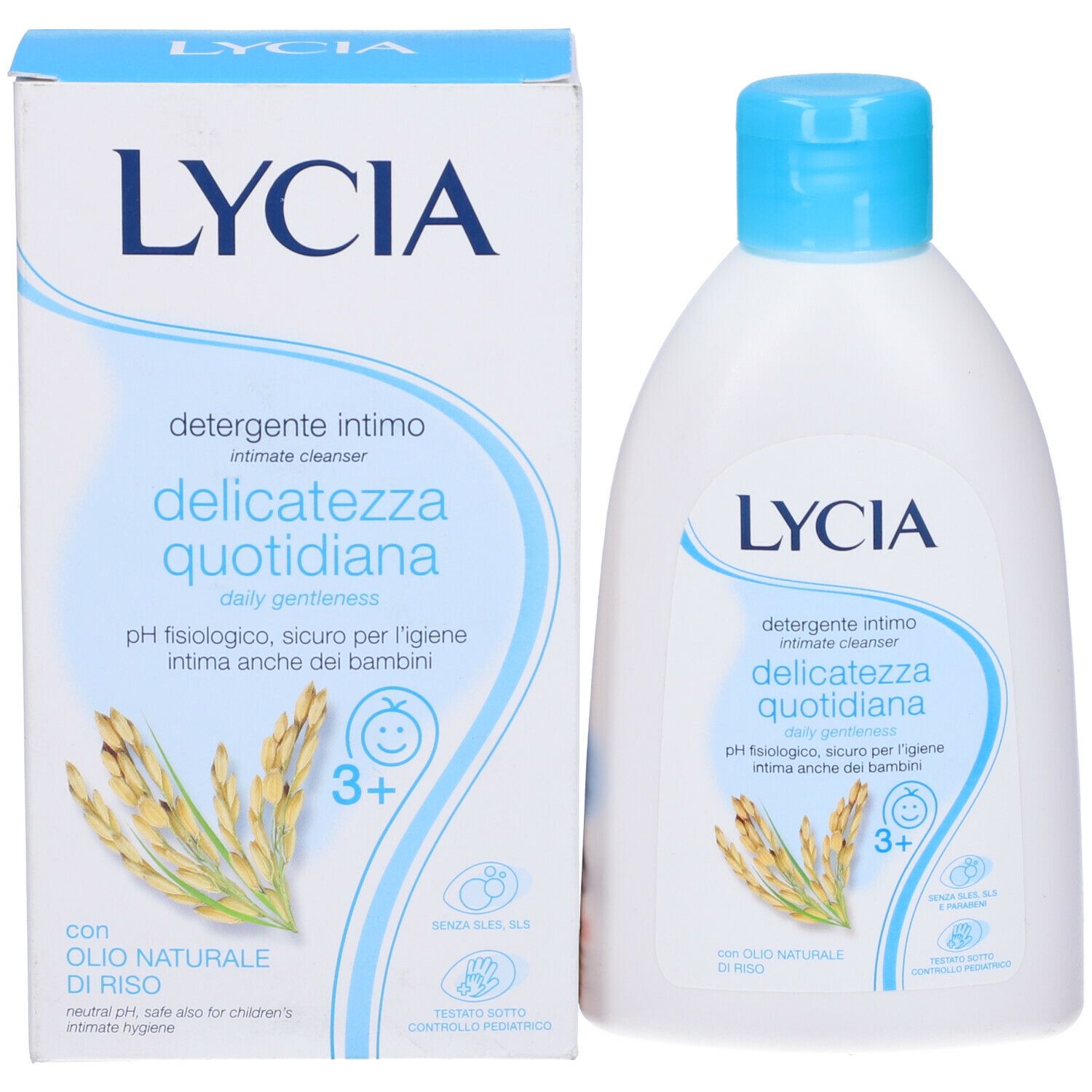 Flacone e confezione del prodotto. Scritta LYCIA, 'Detergente intimo delicatezza quotidiana'.