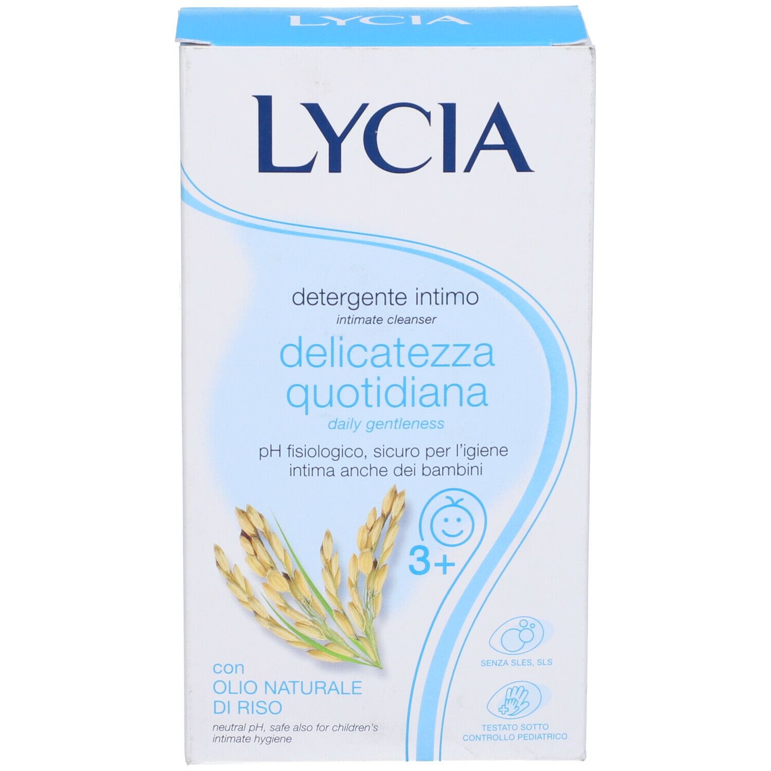 Confezione del prodotto. Scritta LYCIA, 'Detergente intimo delicatezza quotidiana'.