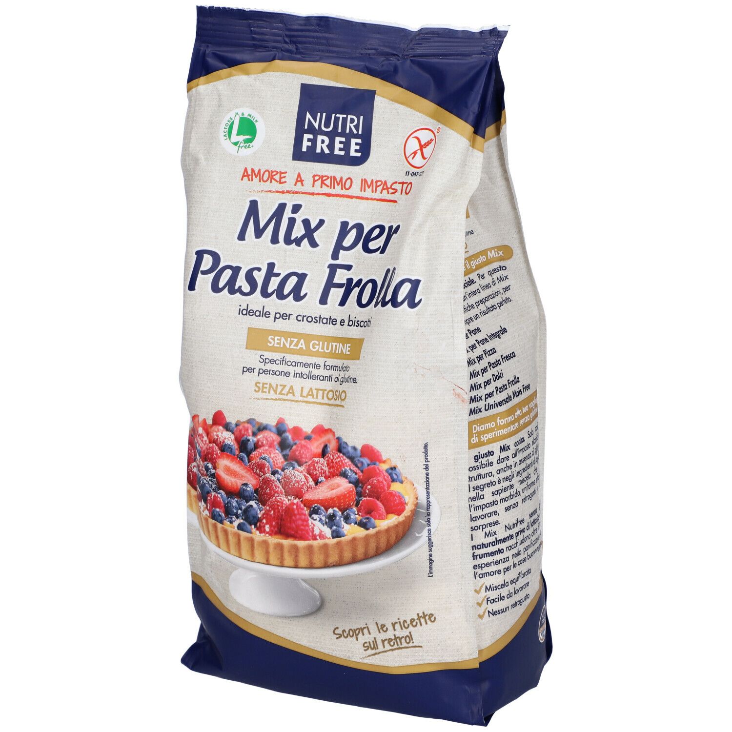 Confezione "Mix per Pasta Frolla". Senza glutine e lattosio. Retro con lista ingredienti e istruzioni.