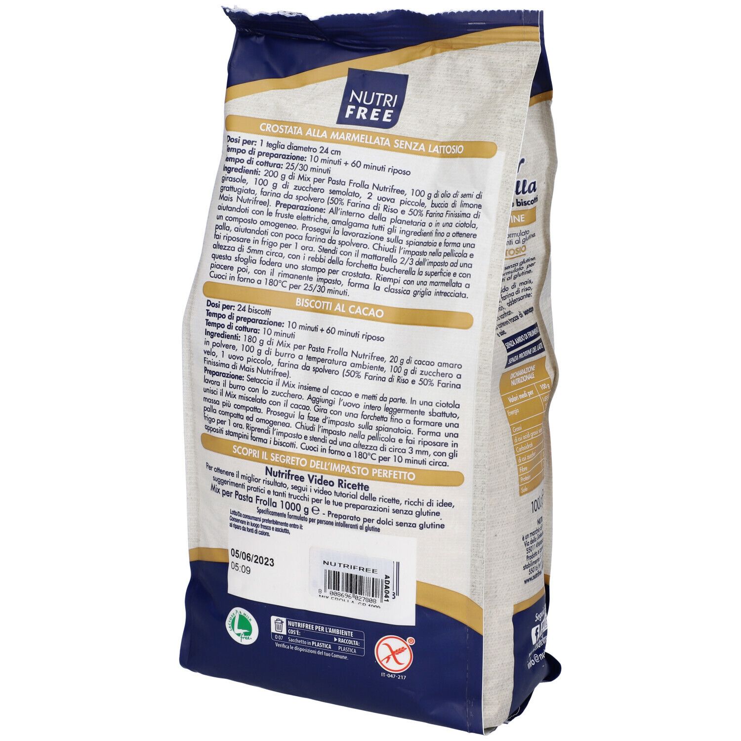 Confezione "Mix per Pasta Frolla". Senza glutine e lattosio. Retro con ricette e istruzioni di preparazione.