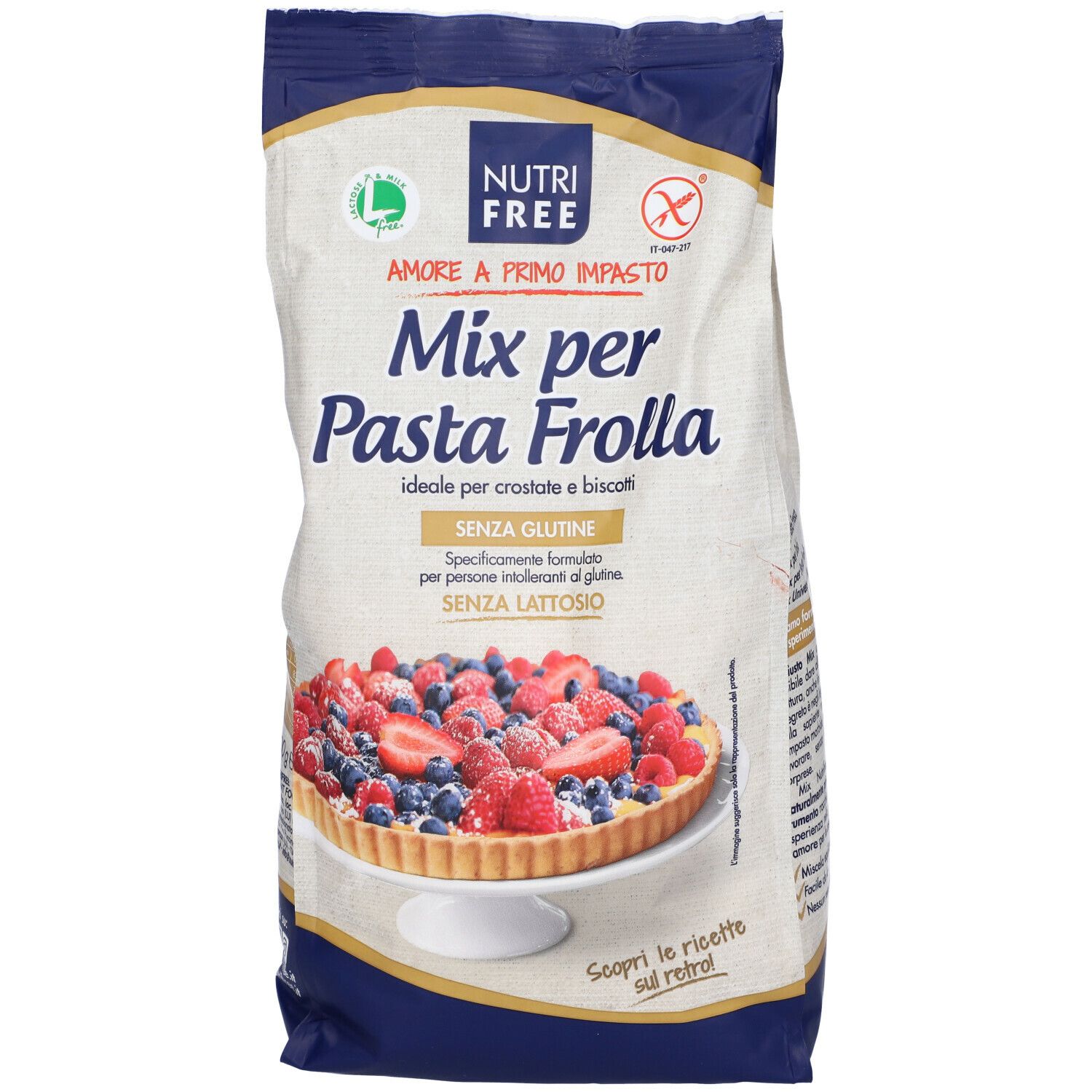Confezione "Mix per Pasta Frolla". Senza glutine e lattosio. Fronte con nome prodotto e immagine di crostata.