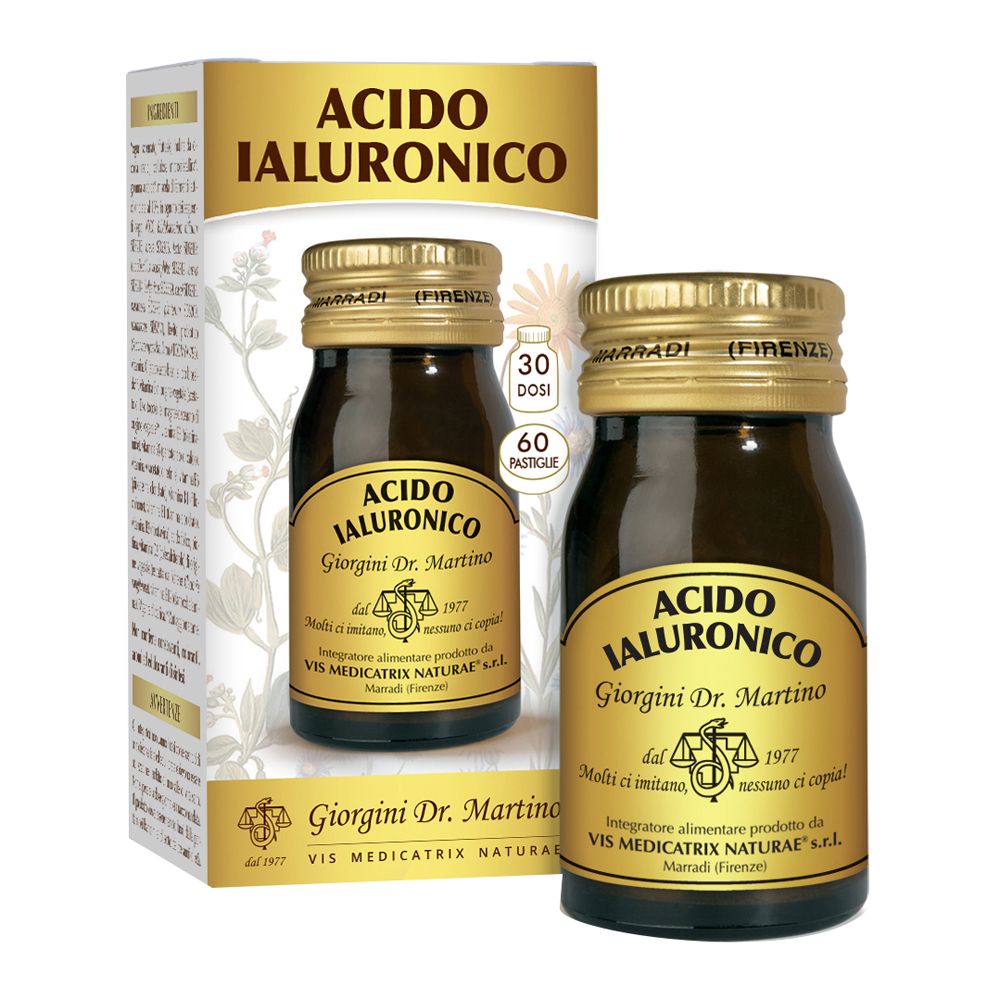 Flacone di vetro marrone con tappo dorato ed etichetta. Scatola con lo stesso design. Scritto: Acido Ialuronico.