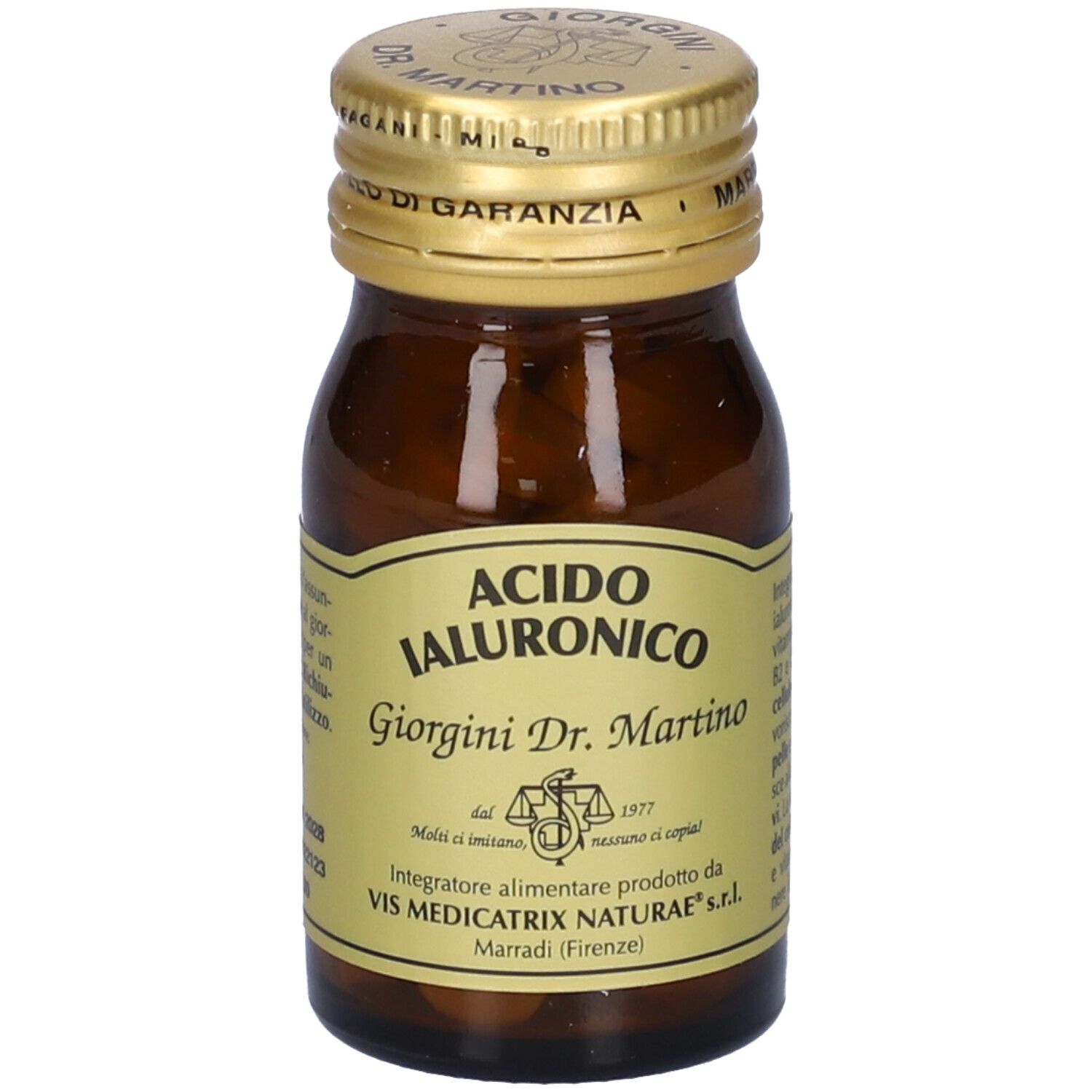 Piccolo flacone di vetro marrone con tappo dorato ed etichetta. Scritto: Acido Ialuronico, Giorgini Dr. Martino.