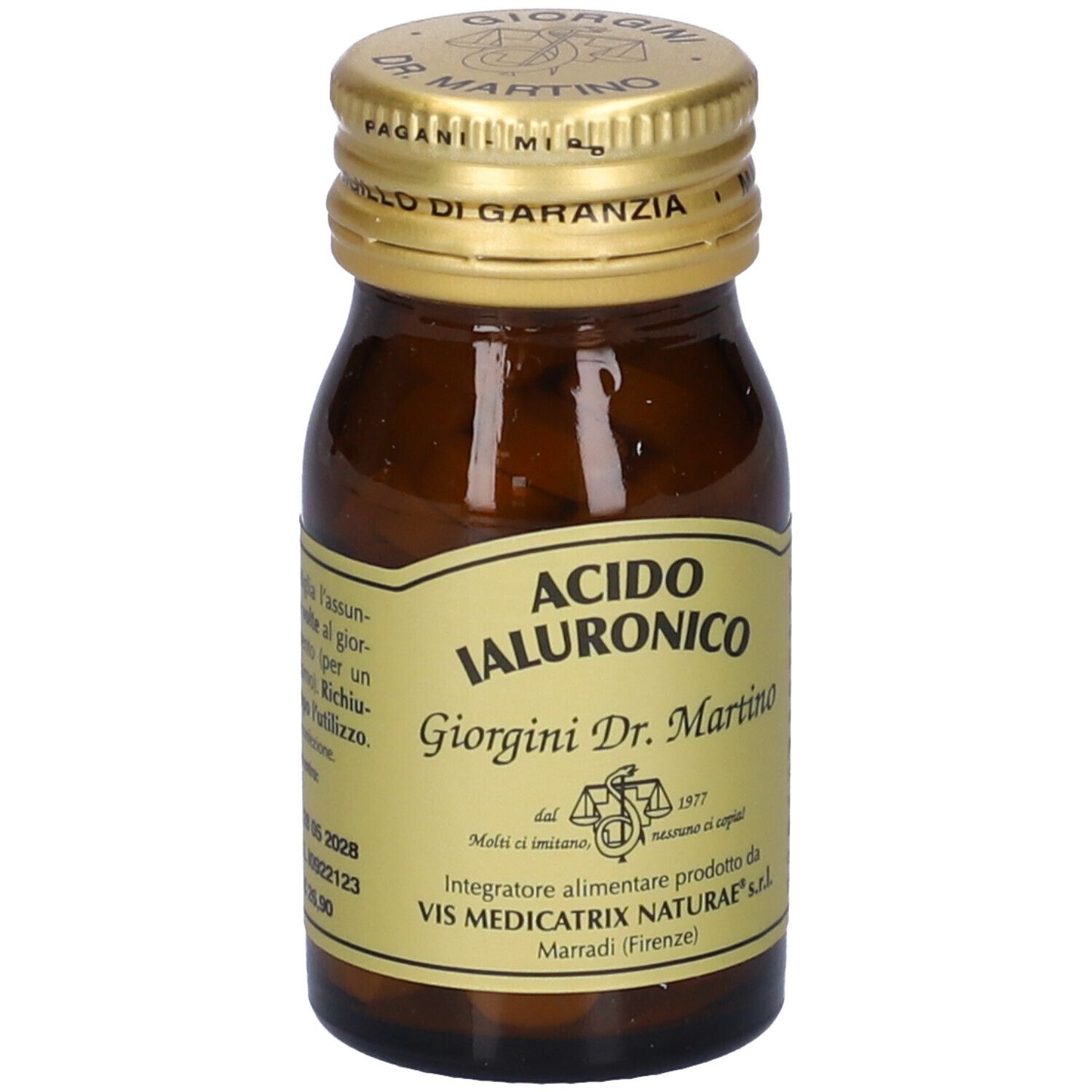 Piccolo flacone di vetro marrone con tappo dorato ed etichetta. Scritto: Acido Ialuronico, Giorgini Dr. Martino. Testo sul retro.