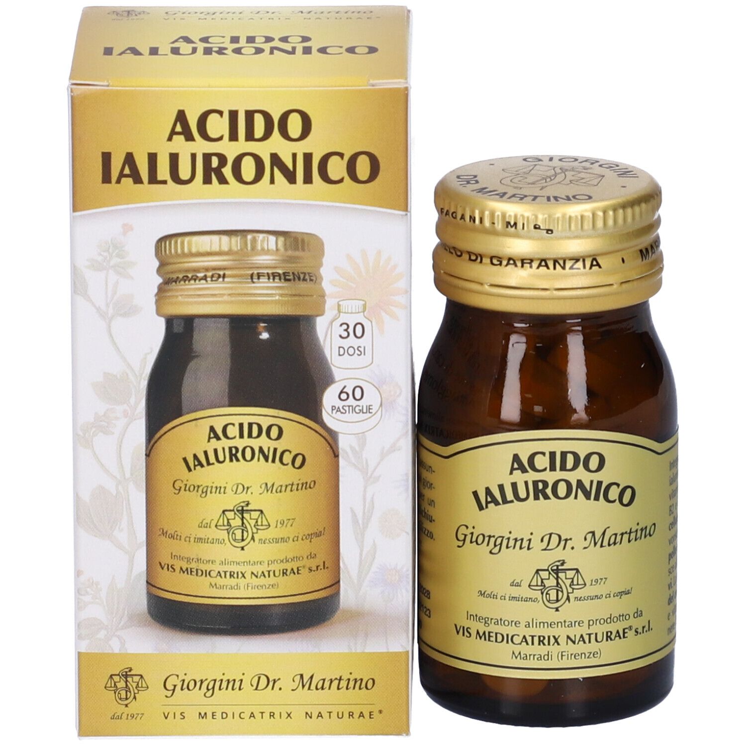 Flacone di vetro marrone con tappo dorato ed etichetta. Scatola con lo stesso design. Scritto: Acido Ialuronico.