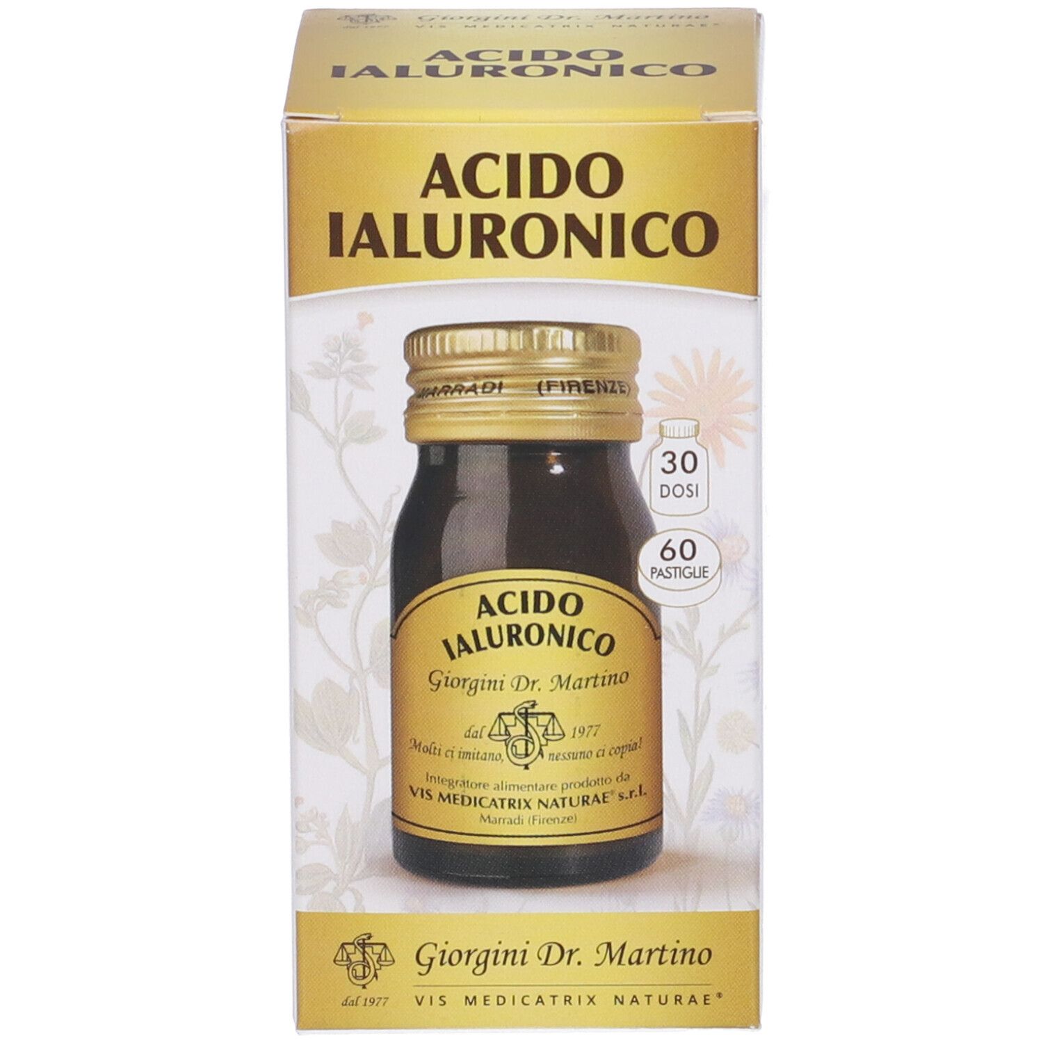 Flacone di vetro marrone con tappo dorato ed etichetta. Scatola con lo stesso design. Scritto: Acido Ialuronico.