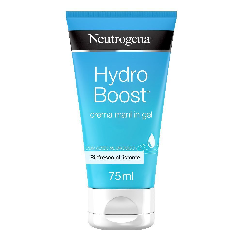 Neutrogena Hydro Boost Handcreme in Gel. Blaue Tube mit weißem Deckel. Schriftzug und Logo.