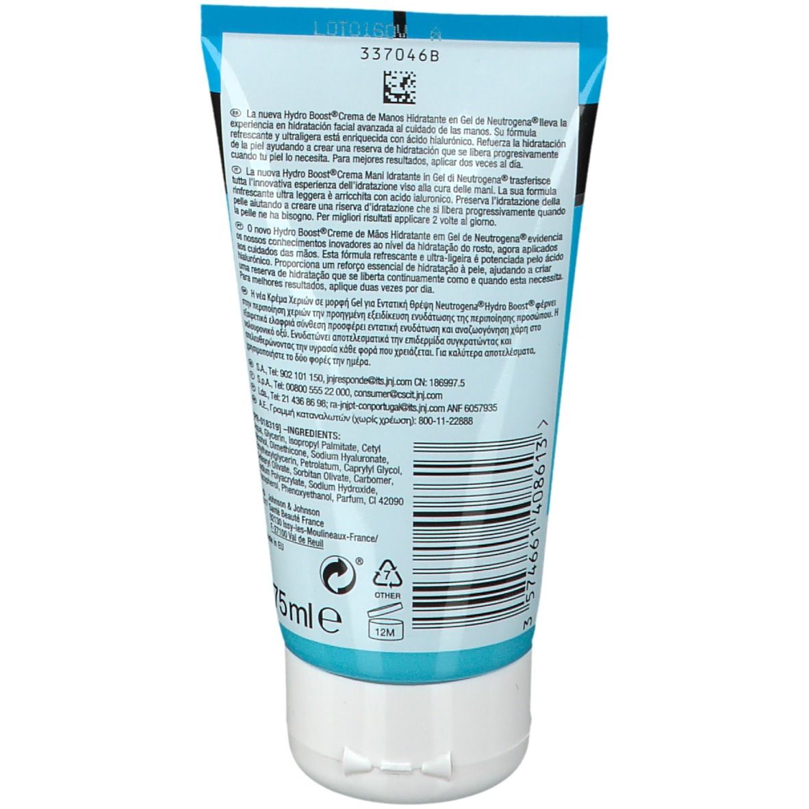 Rückseite der Neutrogena Hydro Boost Handcreme in Gel. Blaue Tube mit weißem Deckel. Text und Symbole.