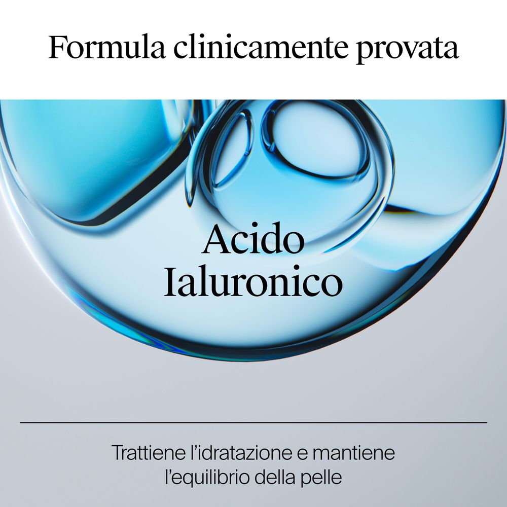Nahaufnahme von Lotion und Wasserblasen. Text: Reich an Hyaluronsäure. Spendet Feuchtigkeit.