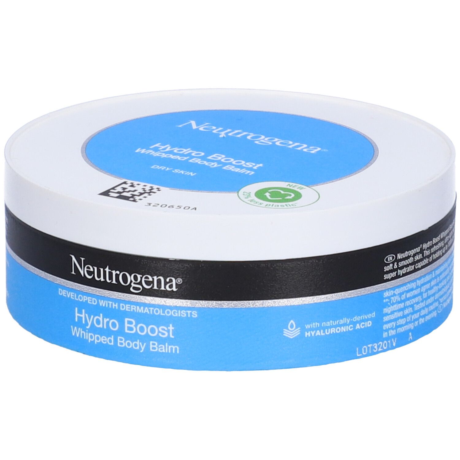 Neutrogena Hydro Boost Whipped Body Balm. Vasetto rotondo, blu e bianco. Testo sulla confezione. Marchio e nome visibili.
