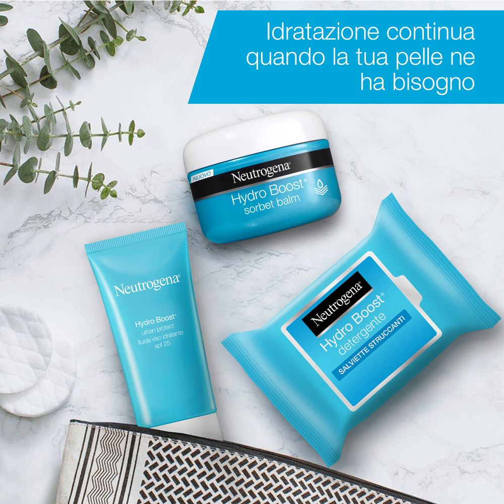 Prodotti Neutrogena Hydro Boost. Tubo, vasetto e salviette. Prodotti in confezione blu e bianca. Marchio e nome visibili.