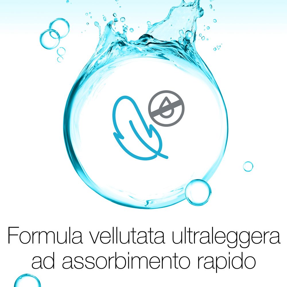 Grafica con gocce d'acqua e piuma. Testo: Formula vellutata ultraleggera ad assorbimento rapido.