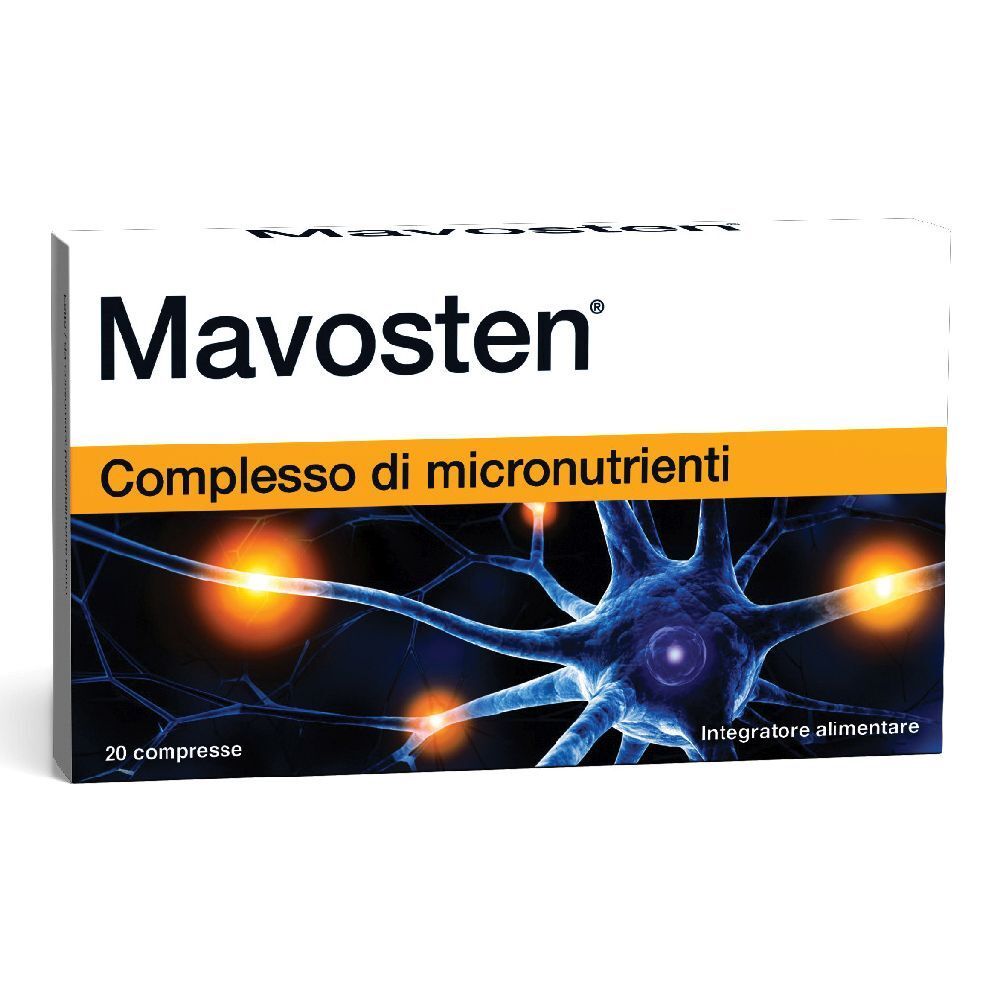 Scatola di compresse Mavosten. Scritta: 'Complesso di micronutrienti'. Illustrazione di un neurone. 20 compresse.