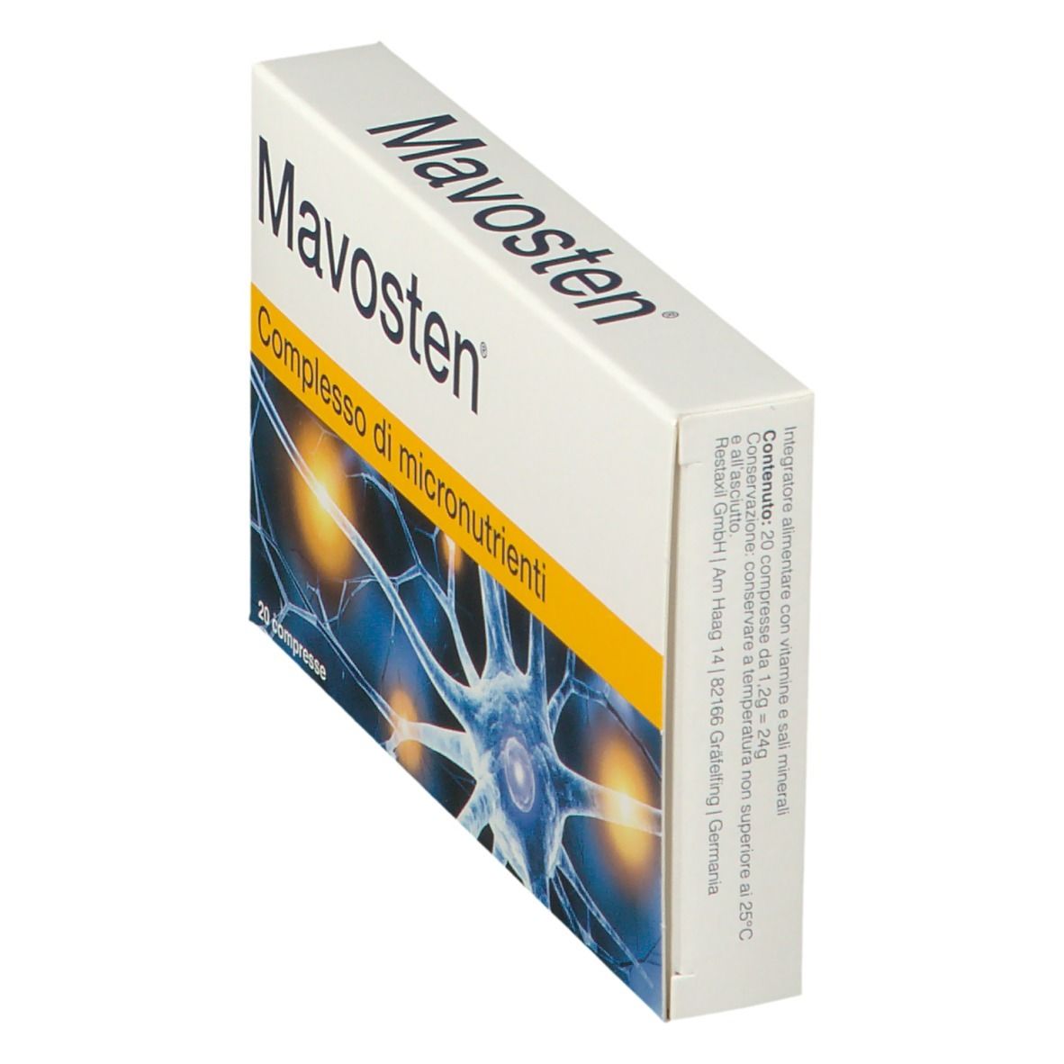 Scatola di compresse Mavosten. Scritta: 'Complesso di micronutrienti'. Illustrazione di un neurone. 20 compresse.