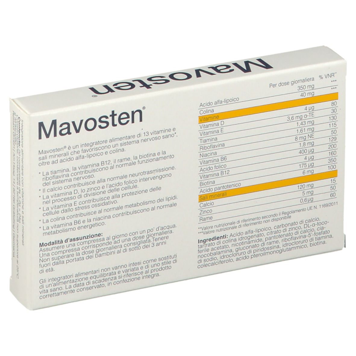 Scatola di compresse Mavosten. Retro con ingredienti e informazioni nutrizionali. Testo in italiano.