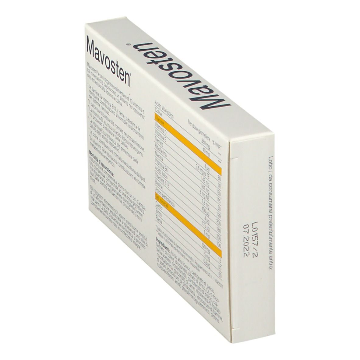 Scatola di compresse Mavosten. Retro con ingredienti e informazioni nutrizionali. Testo in italiano.