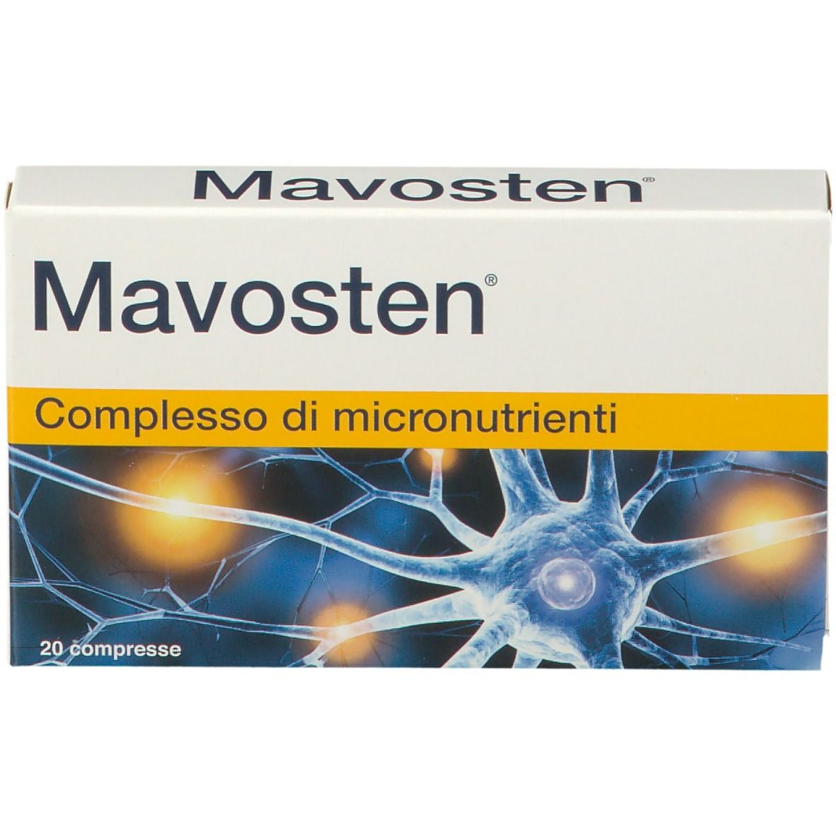 Scatola di compresse Mavosten. Scritta: 'Complesso di micronutrienti'. Illustrazione di un neurone. 20 compresse.