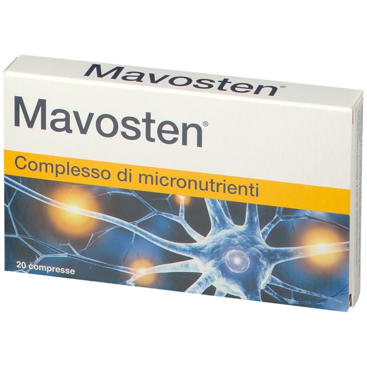 Scatola di compresse Mavosten. Scritta: 'Complesso di micronutrienti'. Illustrazione di un neurone. 20 compresse.