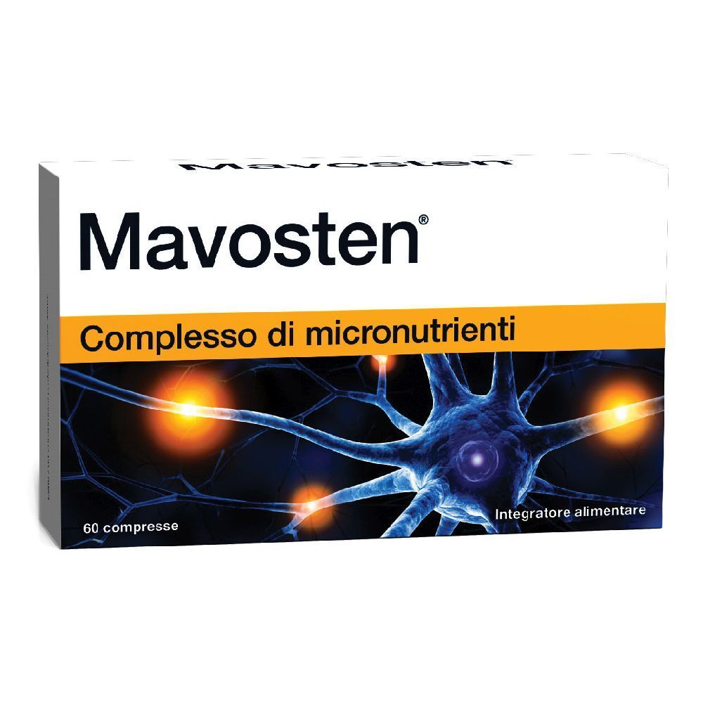 Scatola "Mavosten", "Complesso di micronutrienti". 60 compresse. Sfondo: rappresentazione di cellule nervose.