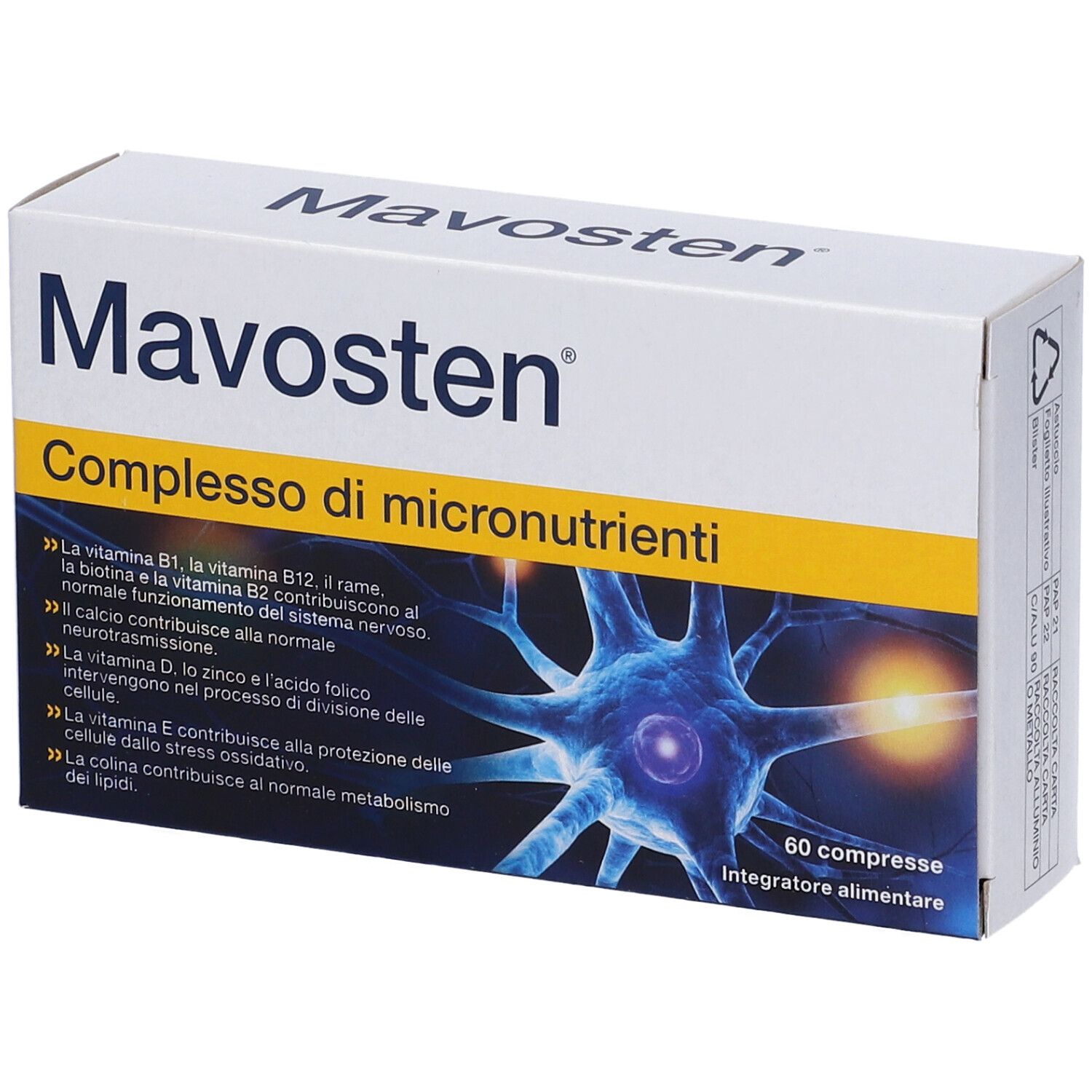 Scatola "Mavosten", "Complesso di micronutrienti". 60 compresse. Elenco ingredienti e loro effetti.