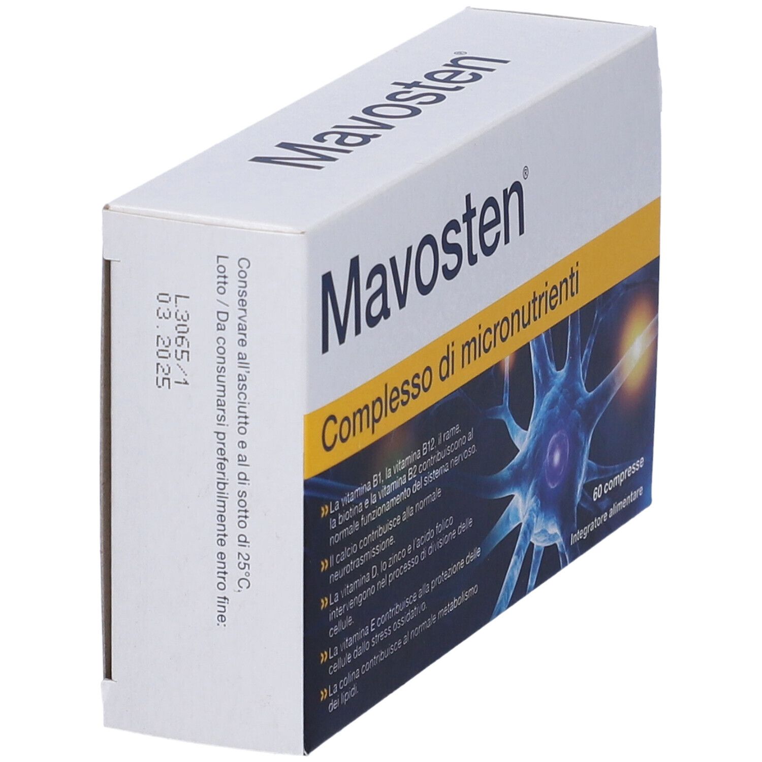 Scatola "Mavosten", "Complesso di micronutrienti". 60 compresse. Elenco ingredienti e loro effetti.