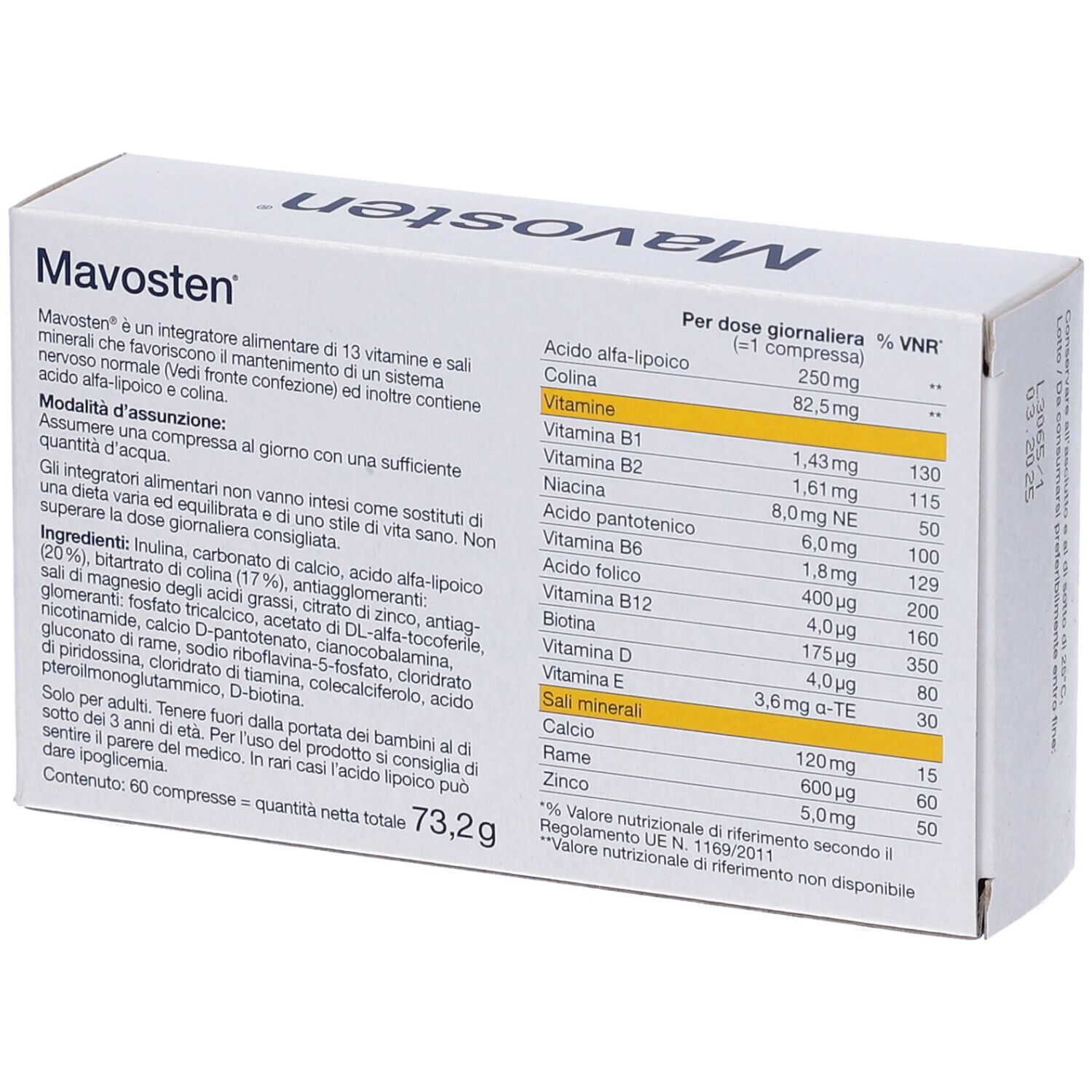Scatola "Mavosten", "Complesso di micronutrienti". 60 compresse. Elenco ingredienti e loro effetti.