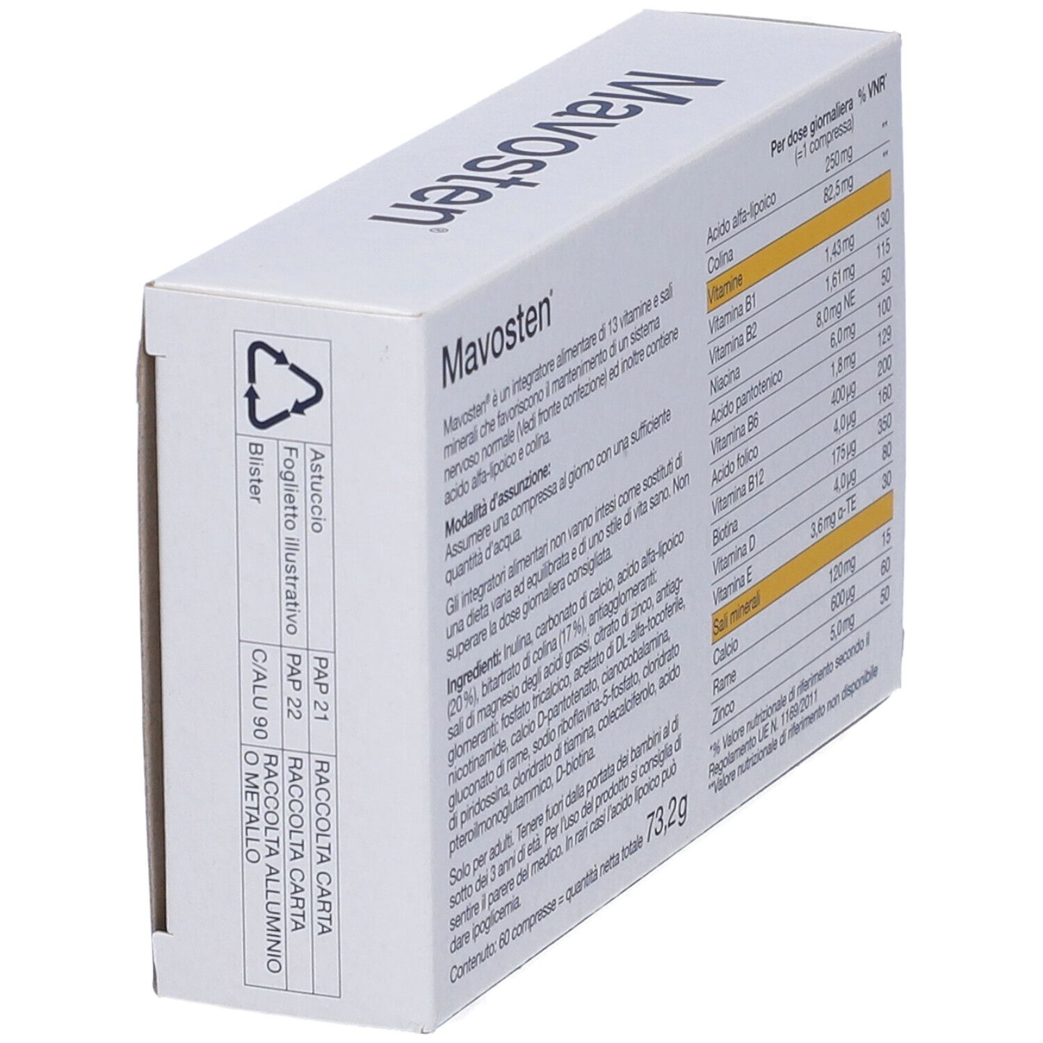 Scatola "Mavosten", "Complesso di micronutrienti". 60 compresse. Elenco ingredienti e loro effetti.