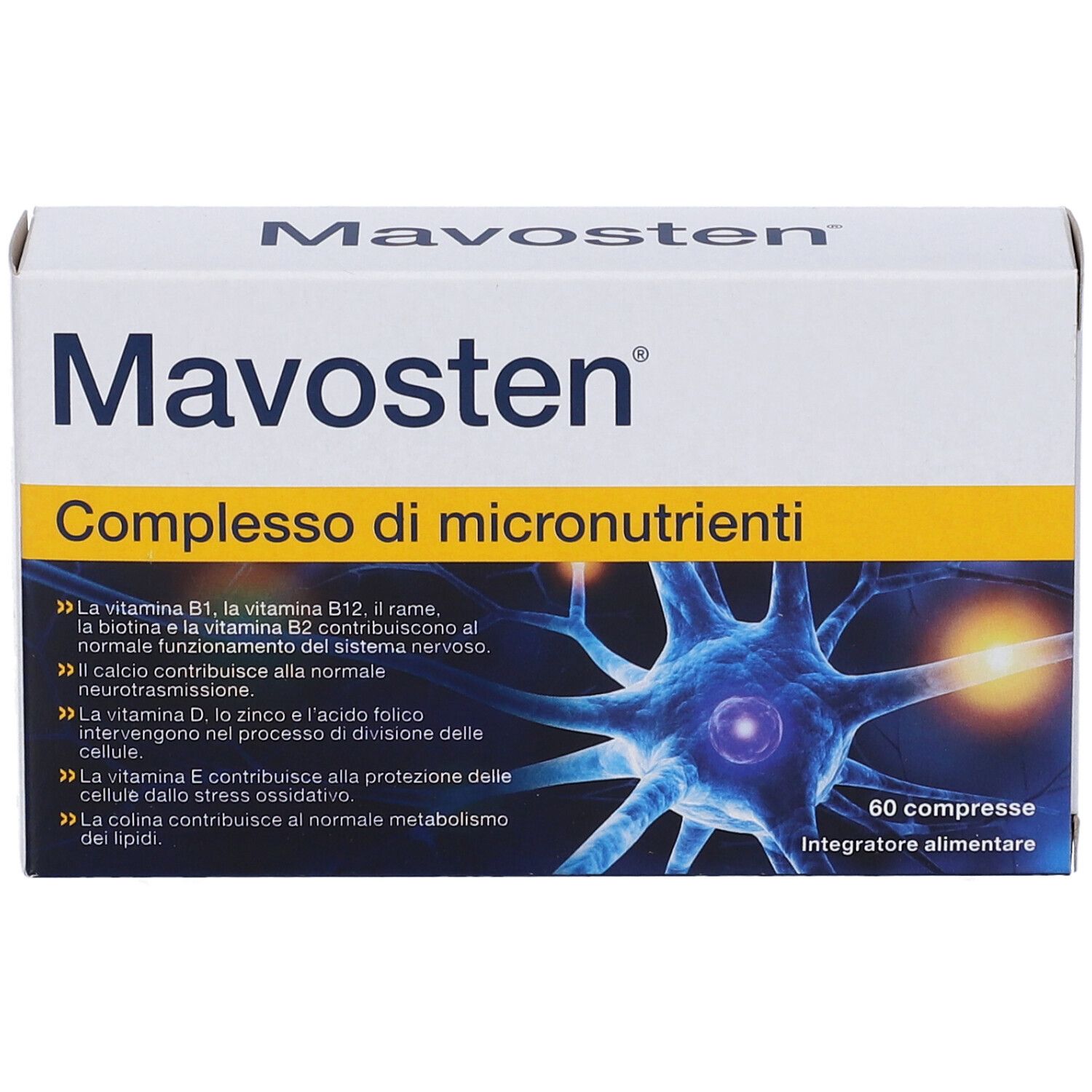 Scatola "Mavosten", "Complesso di micronutrienti". 60 compresse. Elenco ingredienti e loro effetti.
