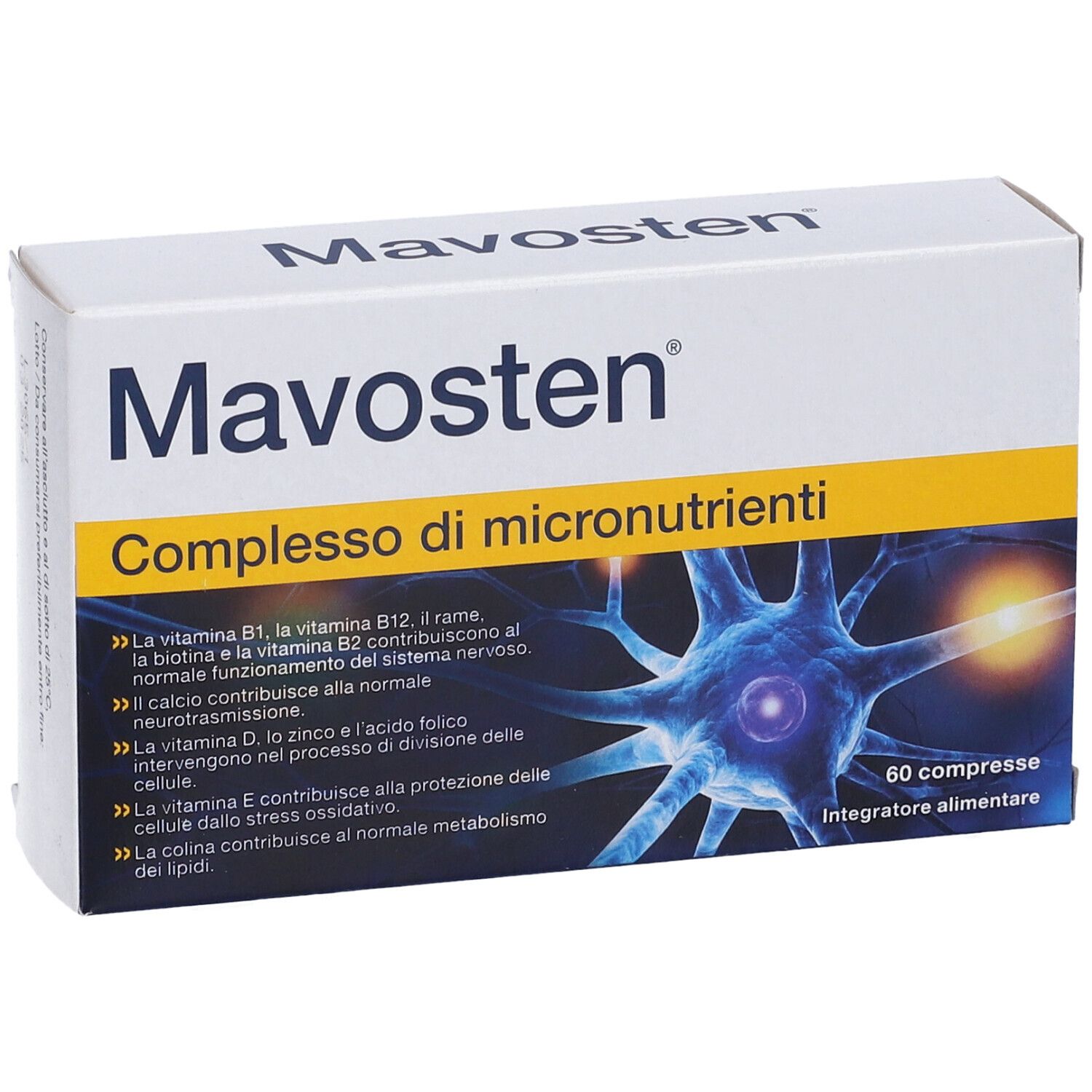 Scatola "Mavosten", "Complesso di micronutrienti". 60 compresse. Elenco ingredienti e loro effetti.