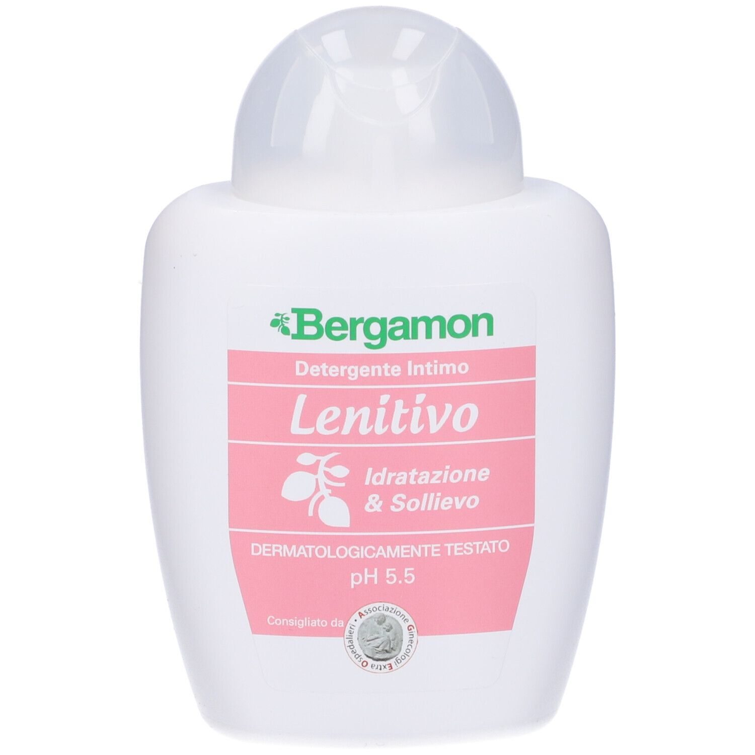 Flacone bianco con etichetta rosa. Scritta: Bergamon, Detergente Intimo, Lenitivo, Idratazione & Sollievo. pH 5.5.