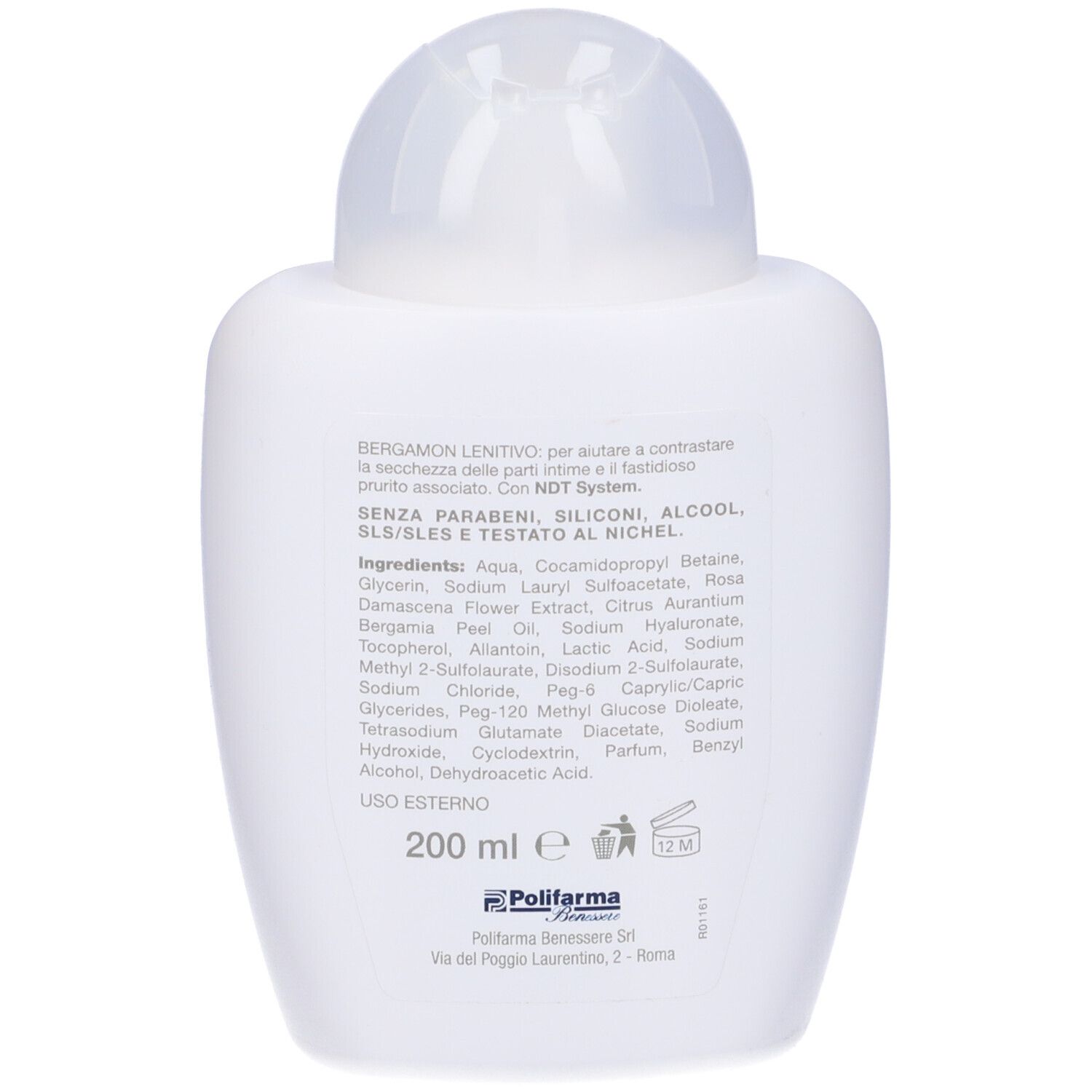 Retro del flacone bianco. Testo con ingredienti e informazioni del produttore.