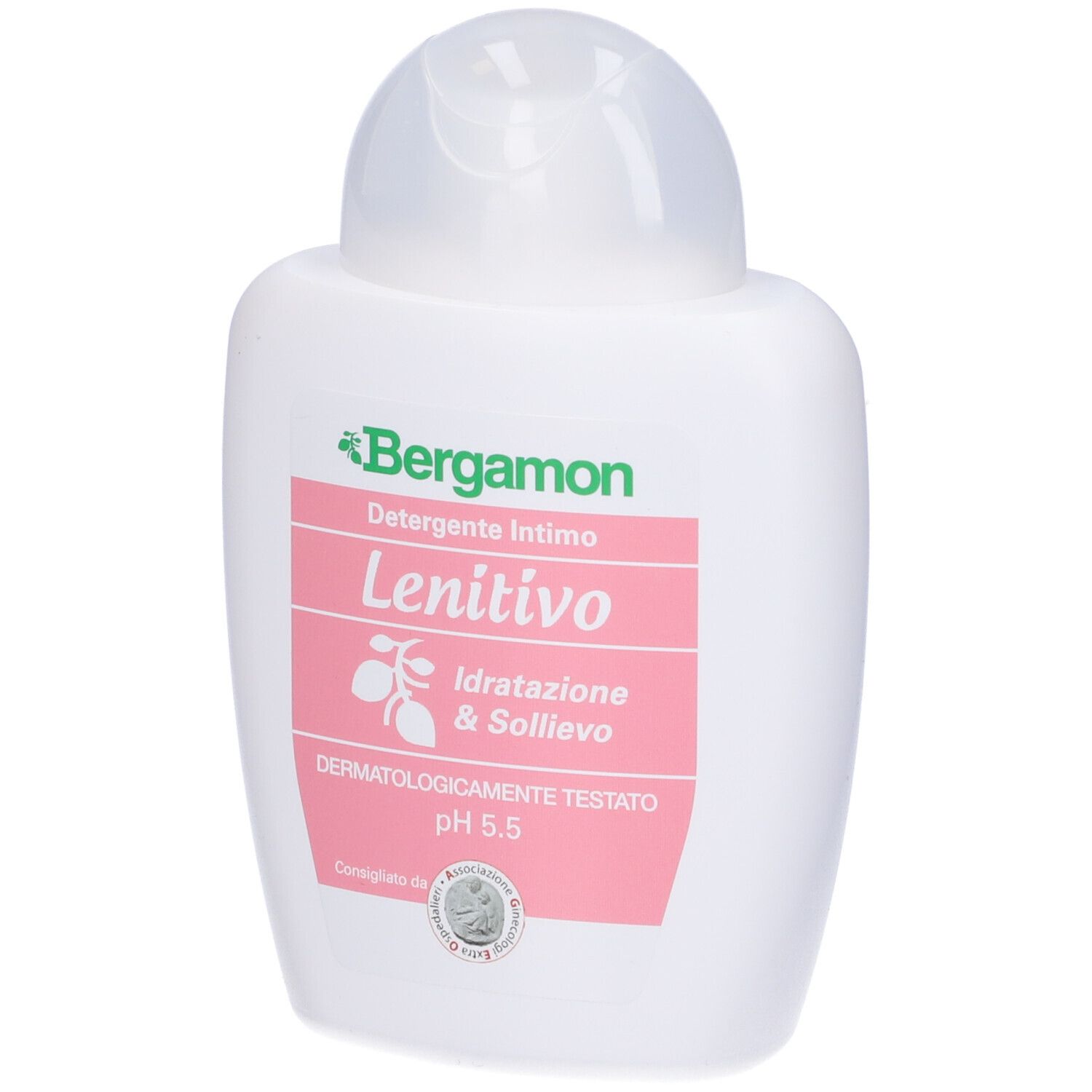 Flacone bianco con etichetta rosa. Scritta: Bergamon, Detergente Intimo, Lenitivo, Idratazione & Sollievo. pH 5.5.