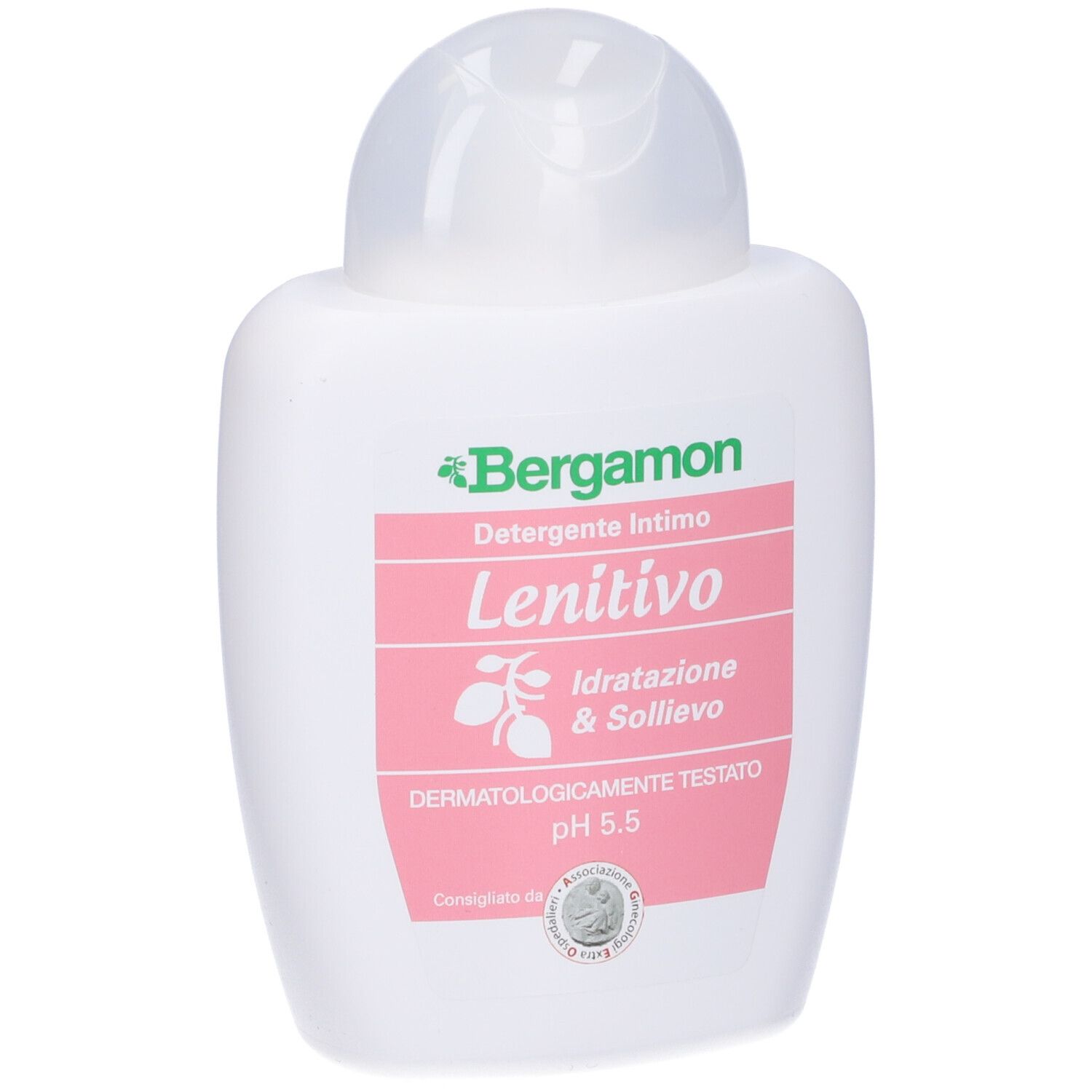 Flacone bianco con etichetta rosa. Scritta: Bergamon, Detergente Intimo, Lenitivo, Idratazione & Sollievo. pH 5.5.