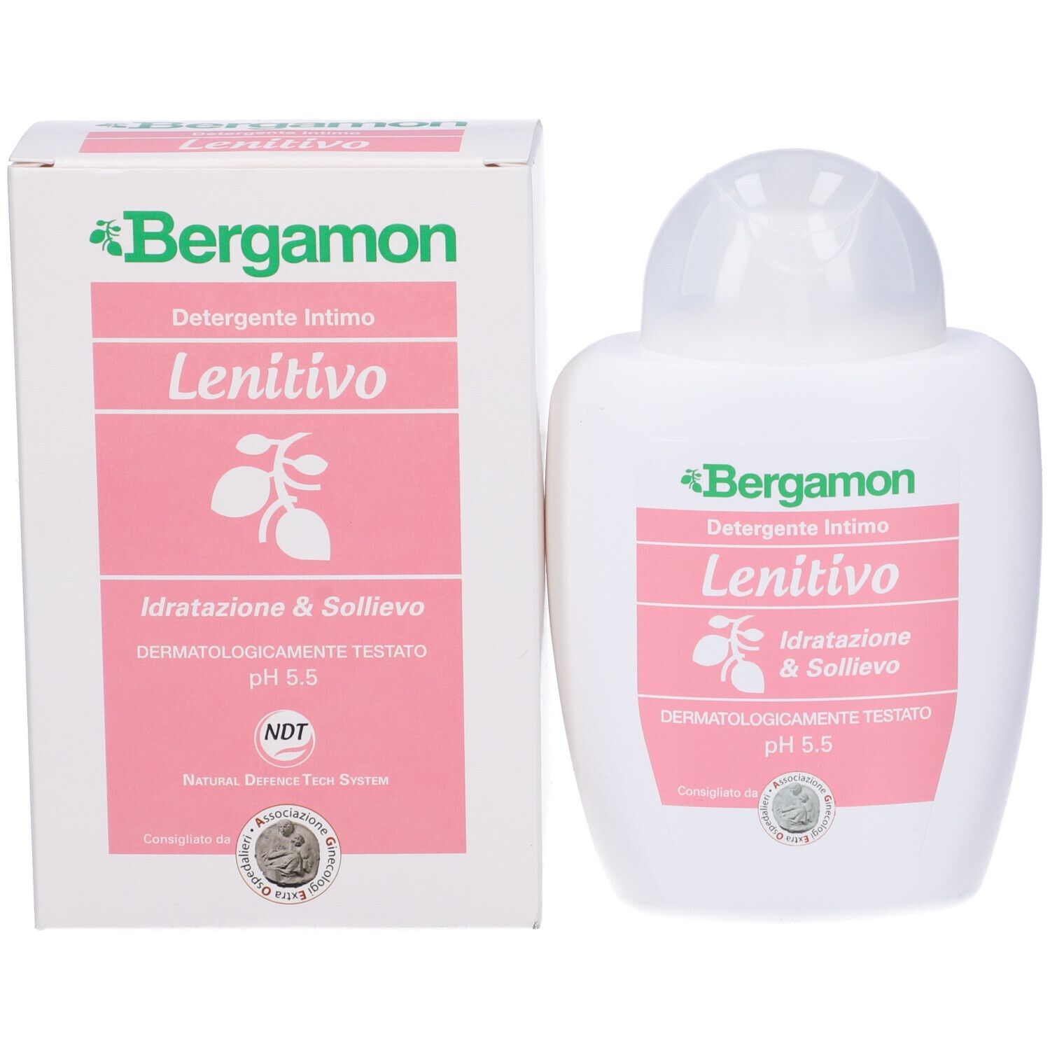 Prodotto e confezione. Flacone bianco e scatola con etichetta rosa. Scritta: Bergamon, Lenitivo.