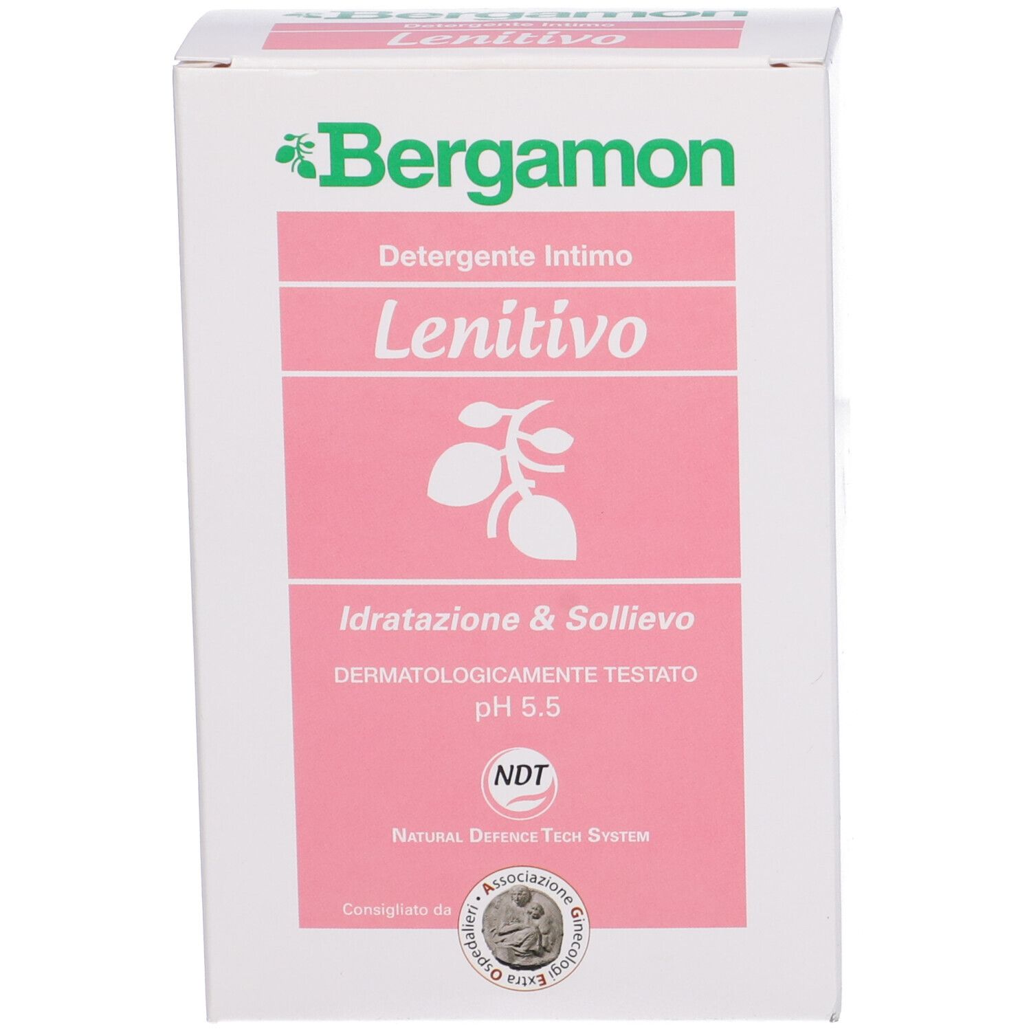 Confezione bianca del prodotto con etichetta rosa. Scritta: Bergamon, Detergente Intimo, Lenitivo, Idratazione & Sollievo. pH 5.5.