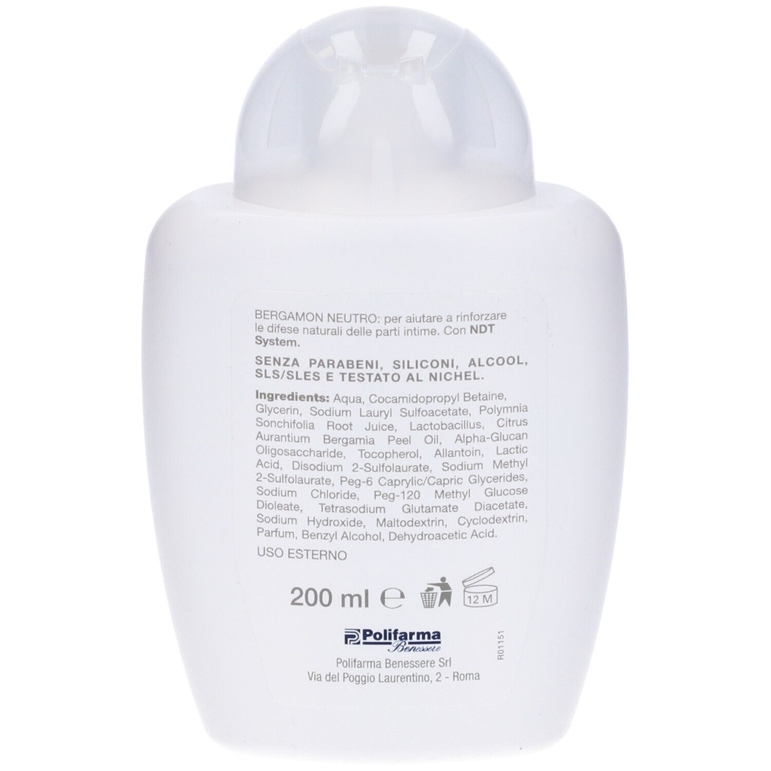 Weiße Flasche mit transparentem Verschluss und Etikett, das Inhaltsstoffe und Volumen (200 ml) auflistet.