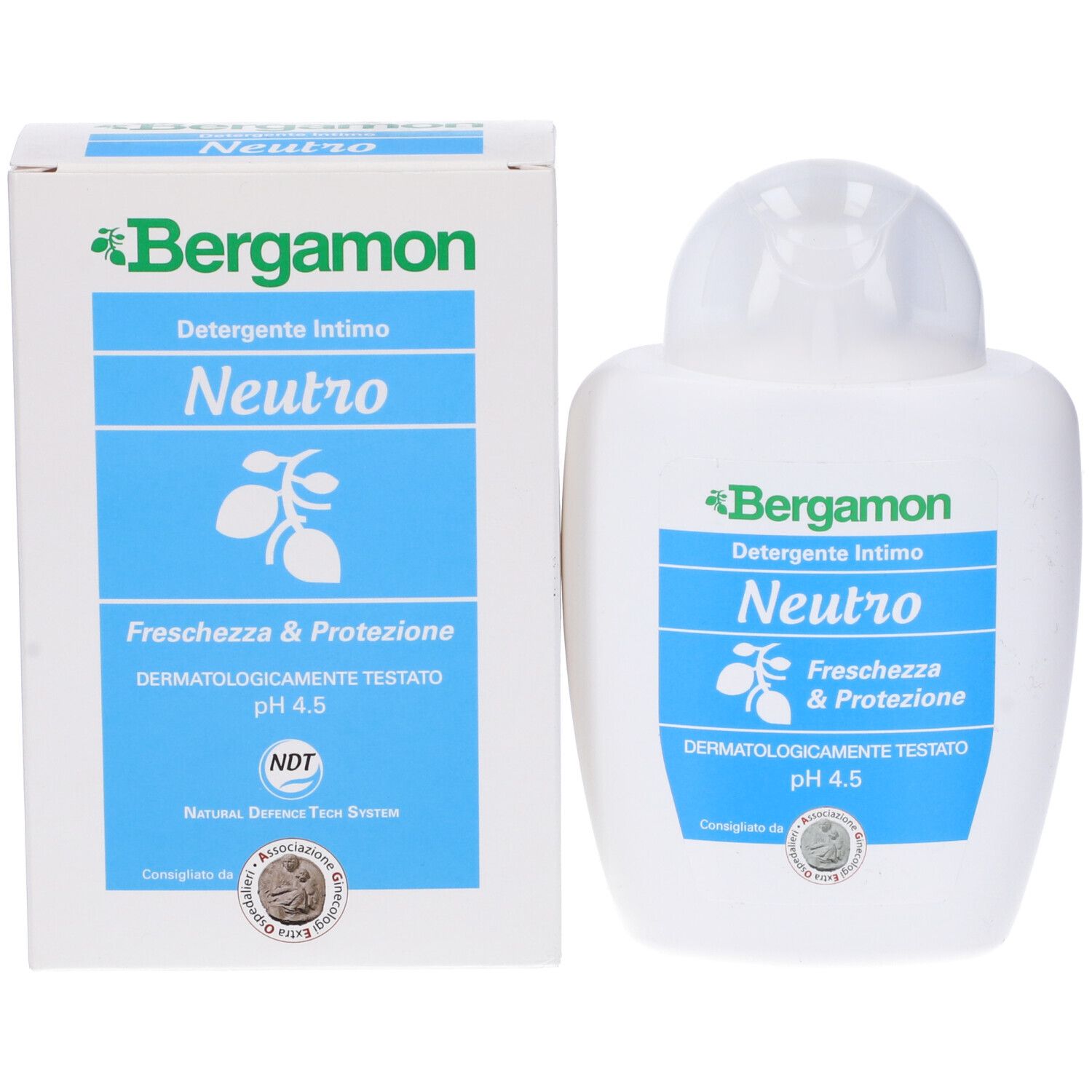 Bergamon Neutro Intimreiniger Flasche und Karton. Dermatologisch getestet, pH 4.5.