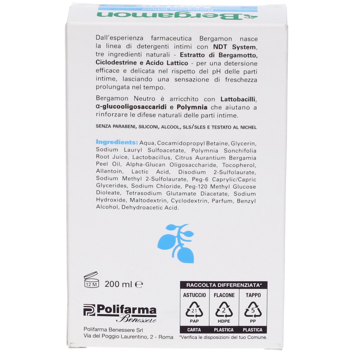 Verpackungsrückseite mit Inhaltsstoffen und Anwendungshinweisen für ein Intimhygieneprodukt.