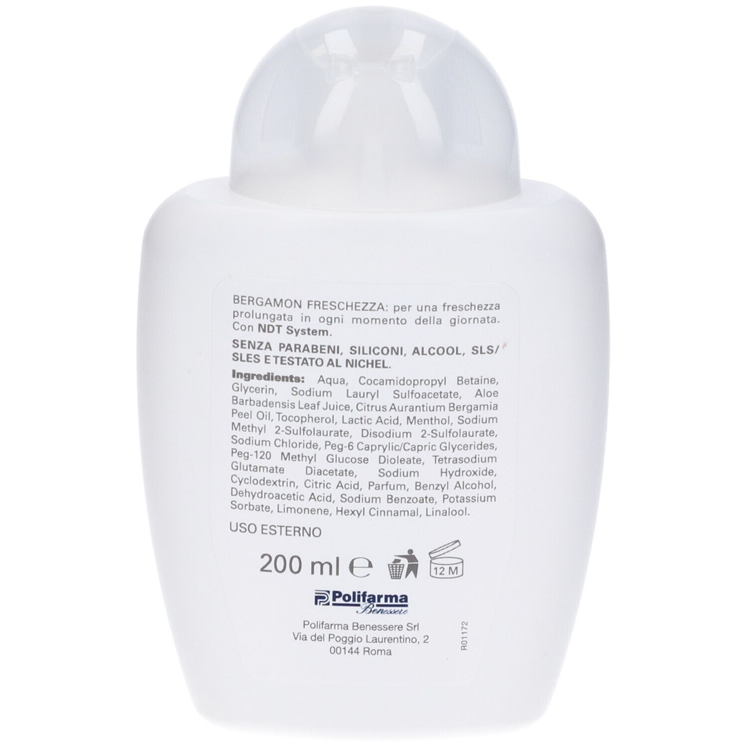 Rückseite einer weißen Flasche. Text mit Inhaltsstoffen und Herstellerinformationen. 200 ml. Haltbarkeit 12M.