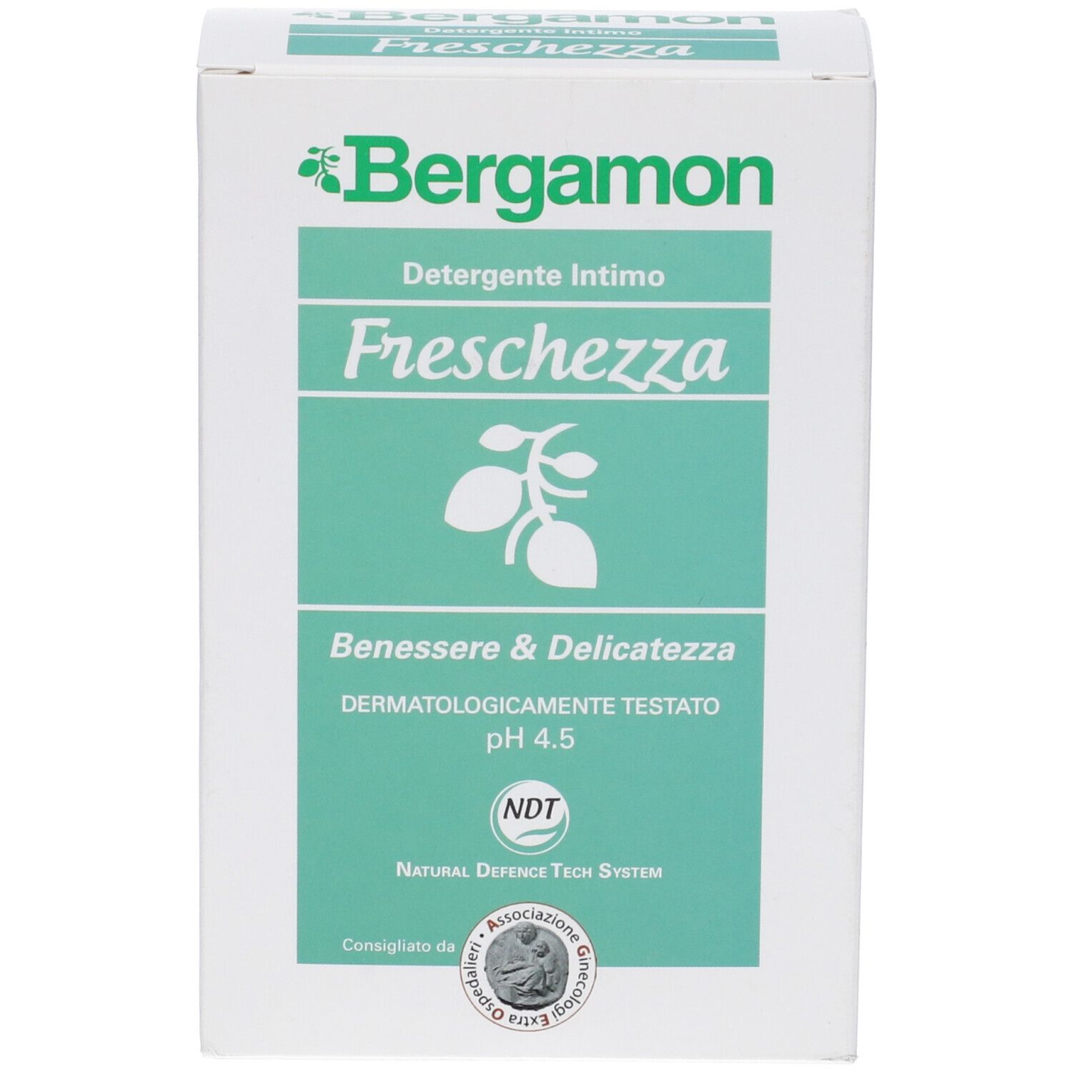Weiße Produktverpackung. Türkisfarbenes Etikett mit Produktnamen und Logo. Text: pH 4,5. Dermatologisch getestet.