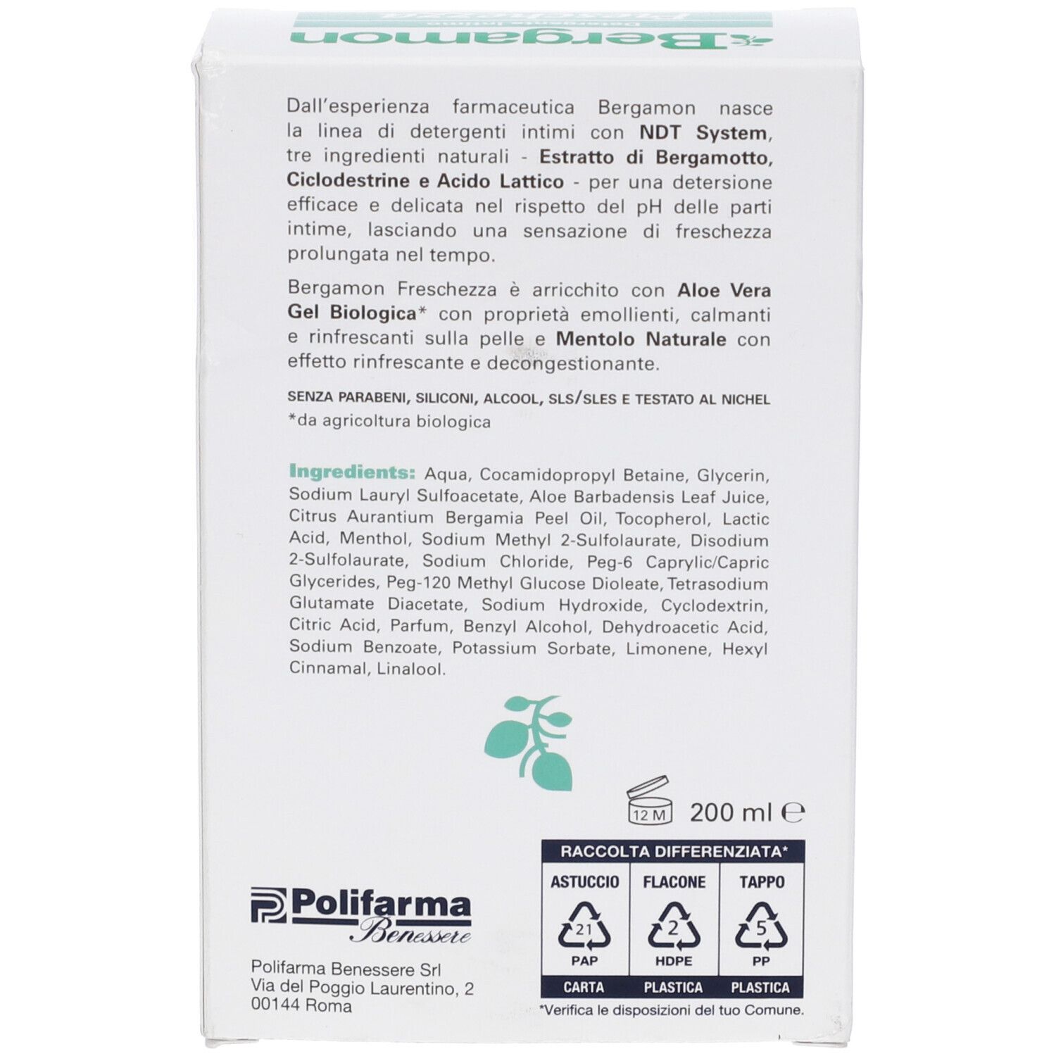 Rückseite der Produktverpackung. Text mit Inhaltsstoffen und Herstellerinformationen. 200 ml. Haltbarkeit 12M.