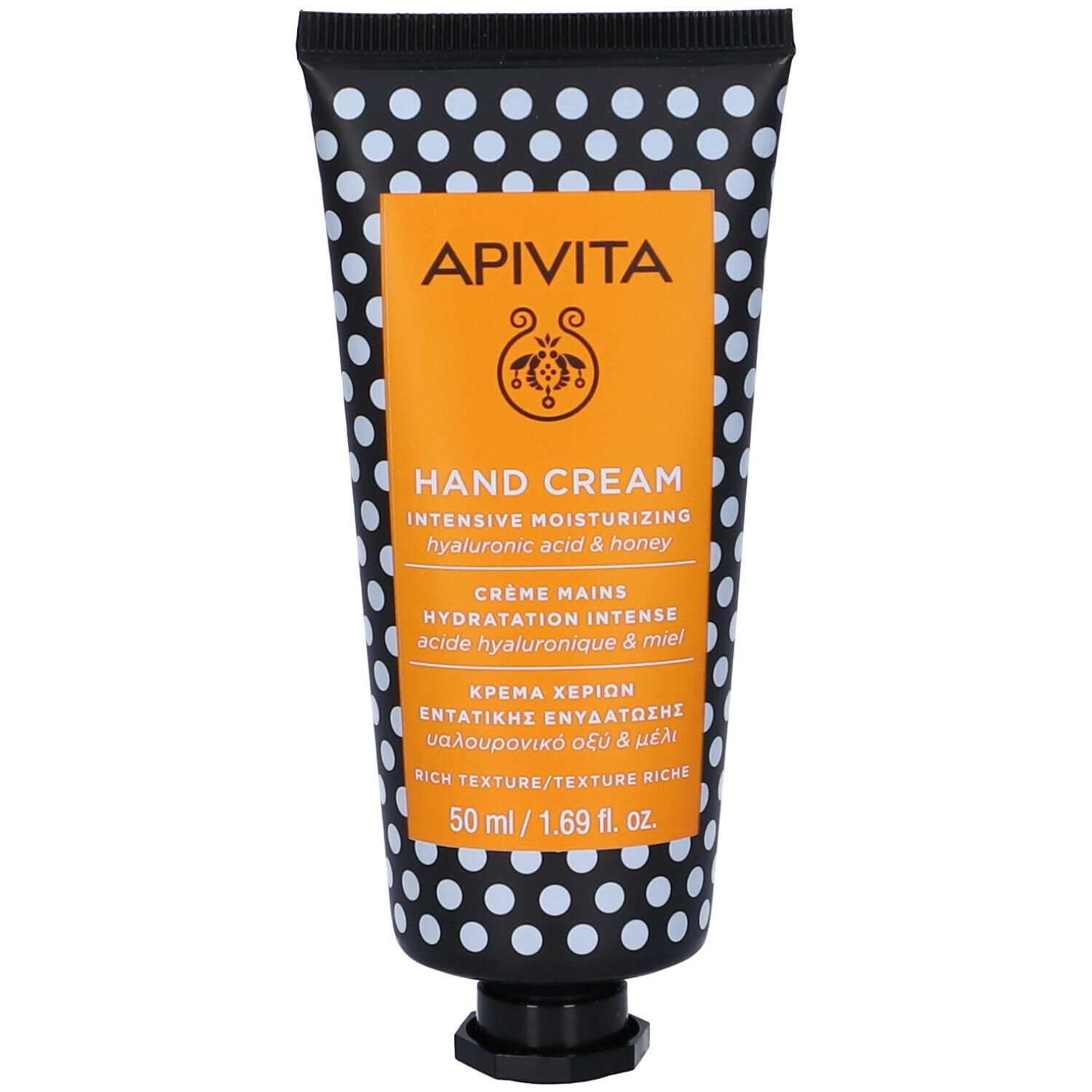 Tubo di crema a pois neri. Scritta: APIVITA, Hand Cream, idratazione intensa.